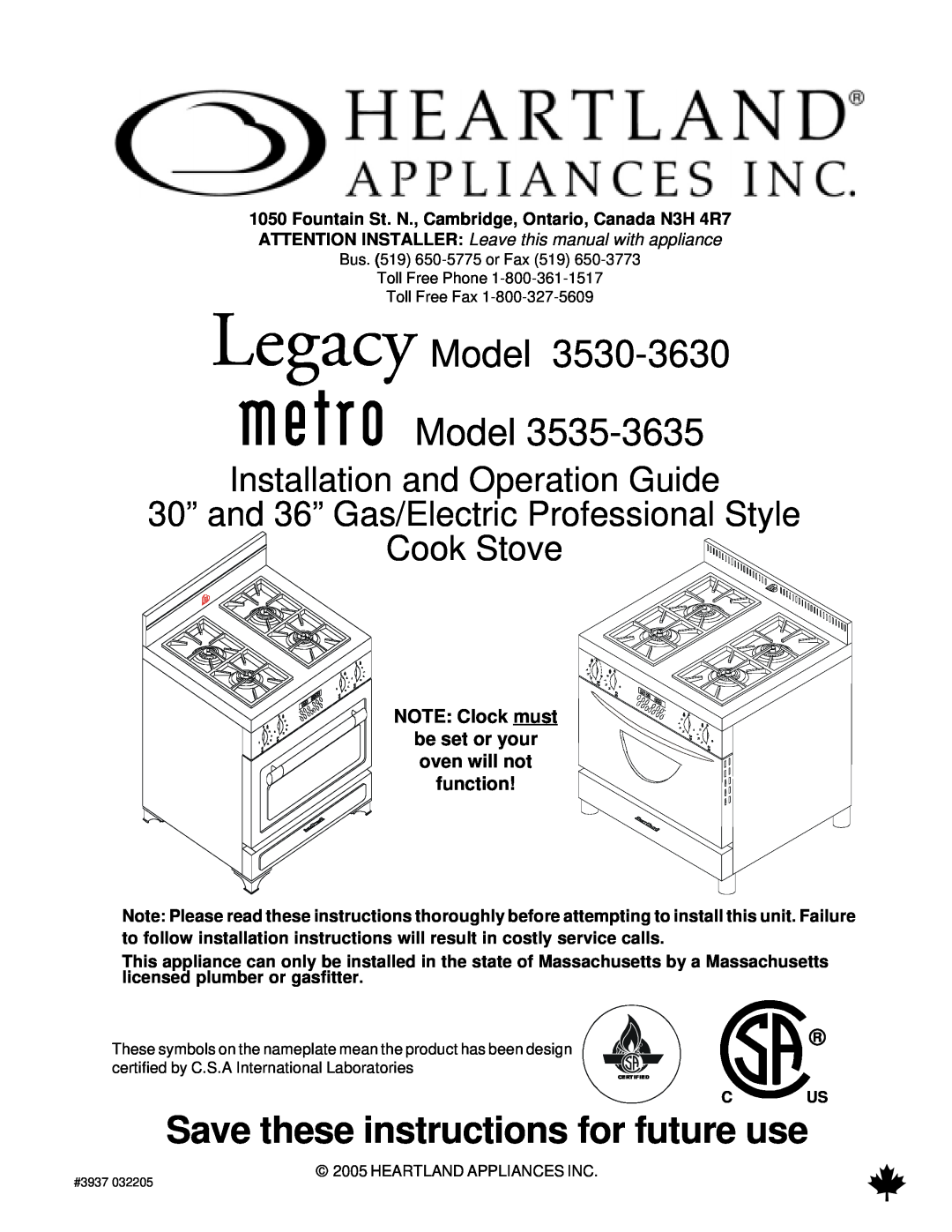 Heartland 3530, 3630 installation and operation guide Save these instructions for future use, Model Model, Cook Stove 