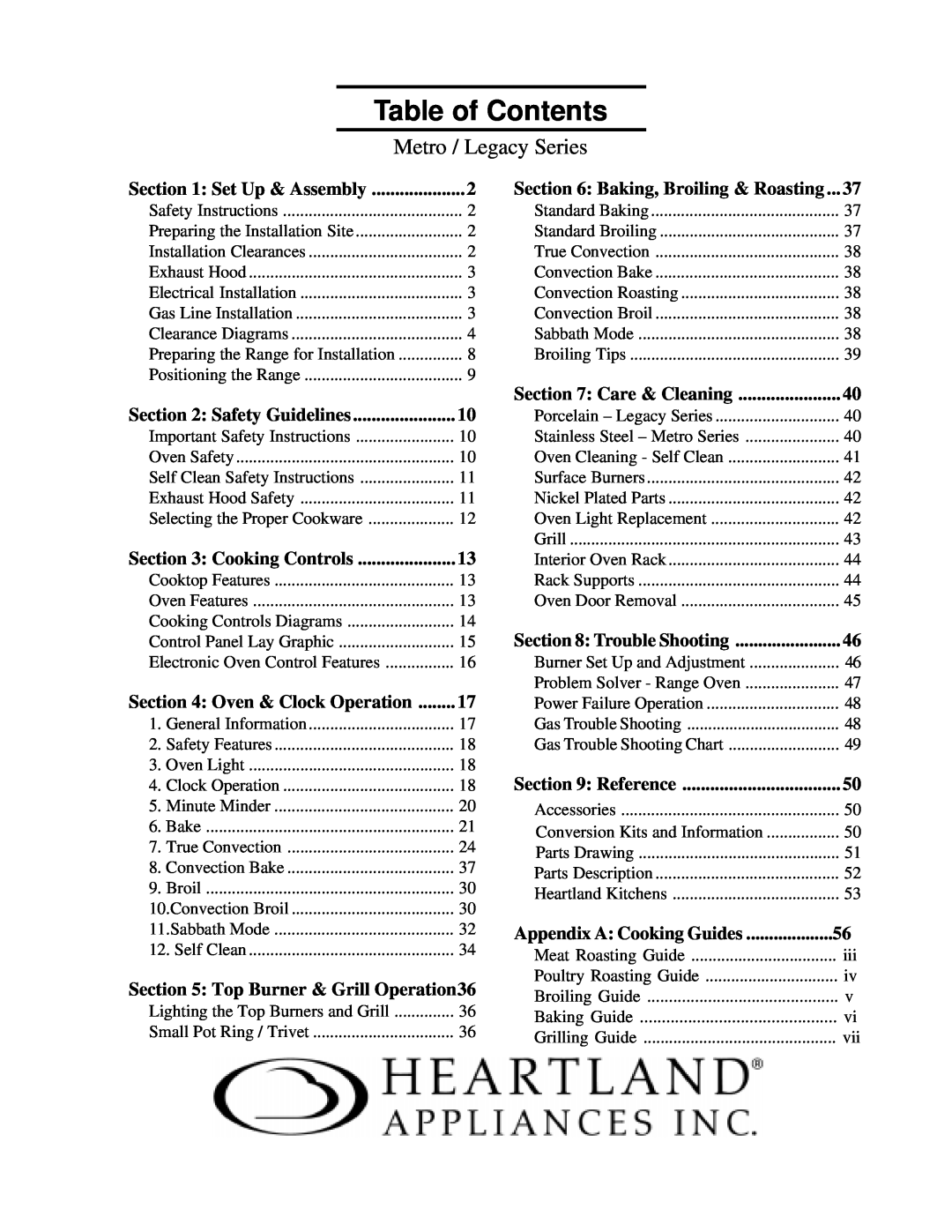 Heartland 3630 Table of Contents, Set Up & Assembly, Baking, Broiling & Roasting, Safety Guidelines, Cooking Controls 