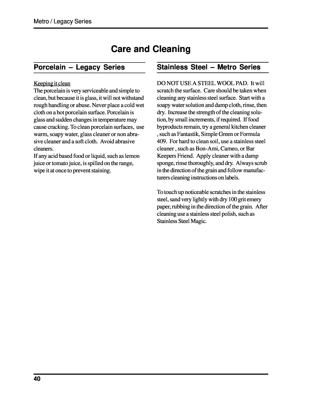 Heartland 3530, 3630 Care and Cleaning, Porcelain – Legacy Series, Stainless Steel – Metro Series 
