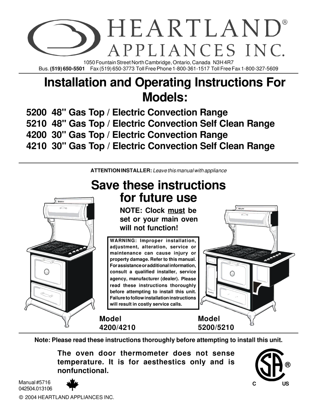 Heartland 5200, 5210, 4200 installation instructions Installation and Operating Instructions For Models, For future use 