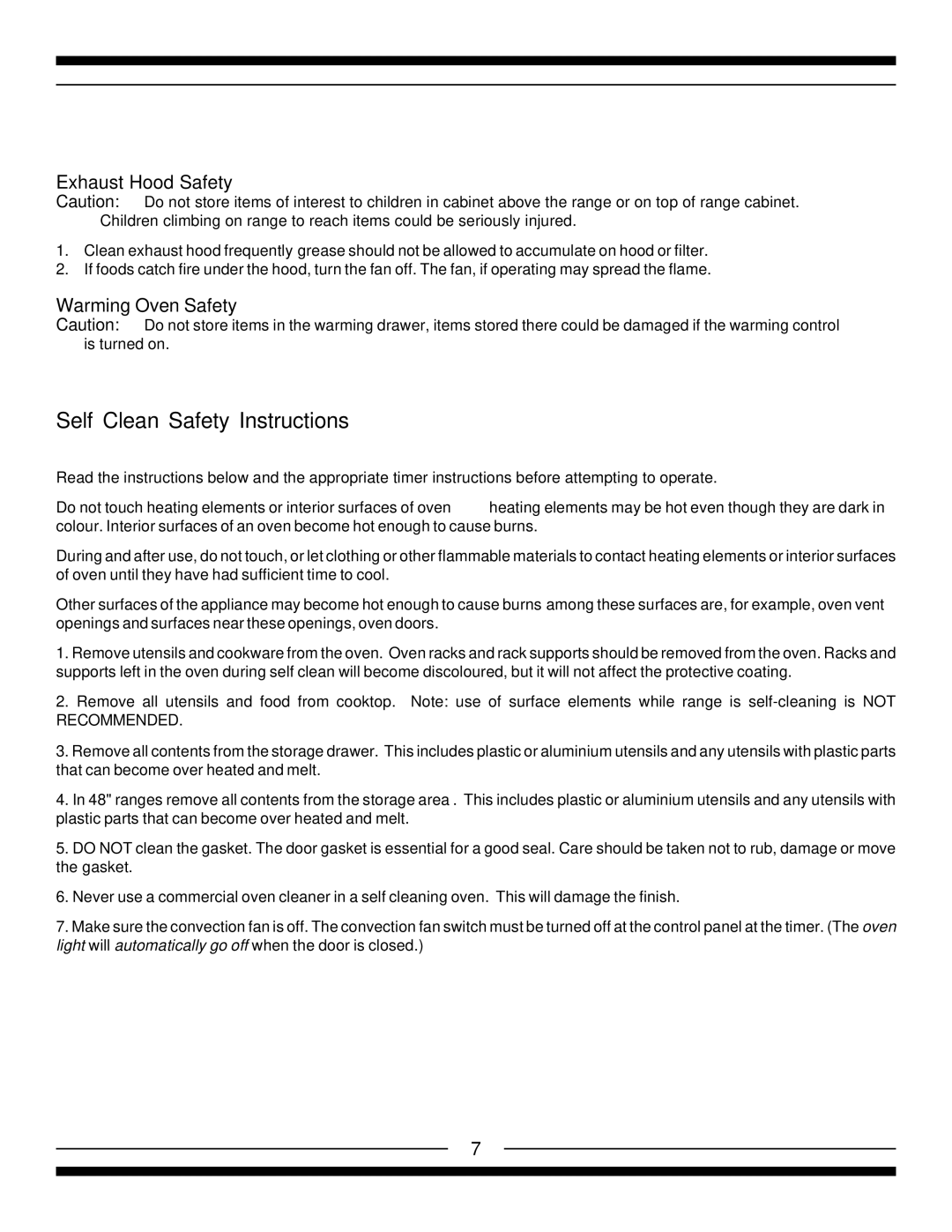 Heartland 4200, 5210, 5200, 4210 Self Clean Safety Instructions, Exhaust Hood Safety, Warming Oven Safety 