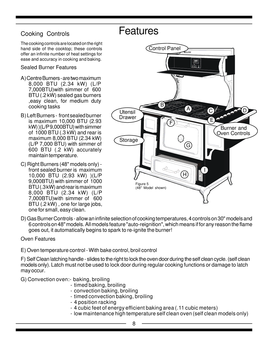 Heartland 4210, 5210, 5200, 4200 installation instructions Features, Cooking Controls 