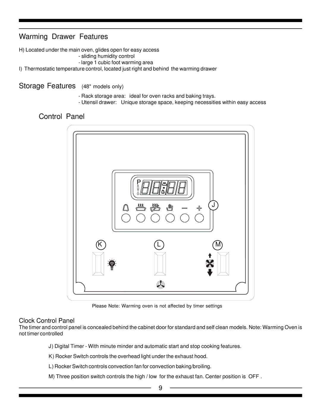 Heartland 5210, 5200, 4200, 4210 Warming Drawer Features, Storage Features 48 models only, Clock Control Panel 