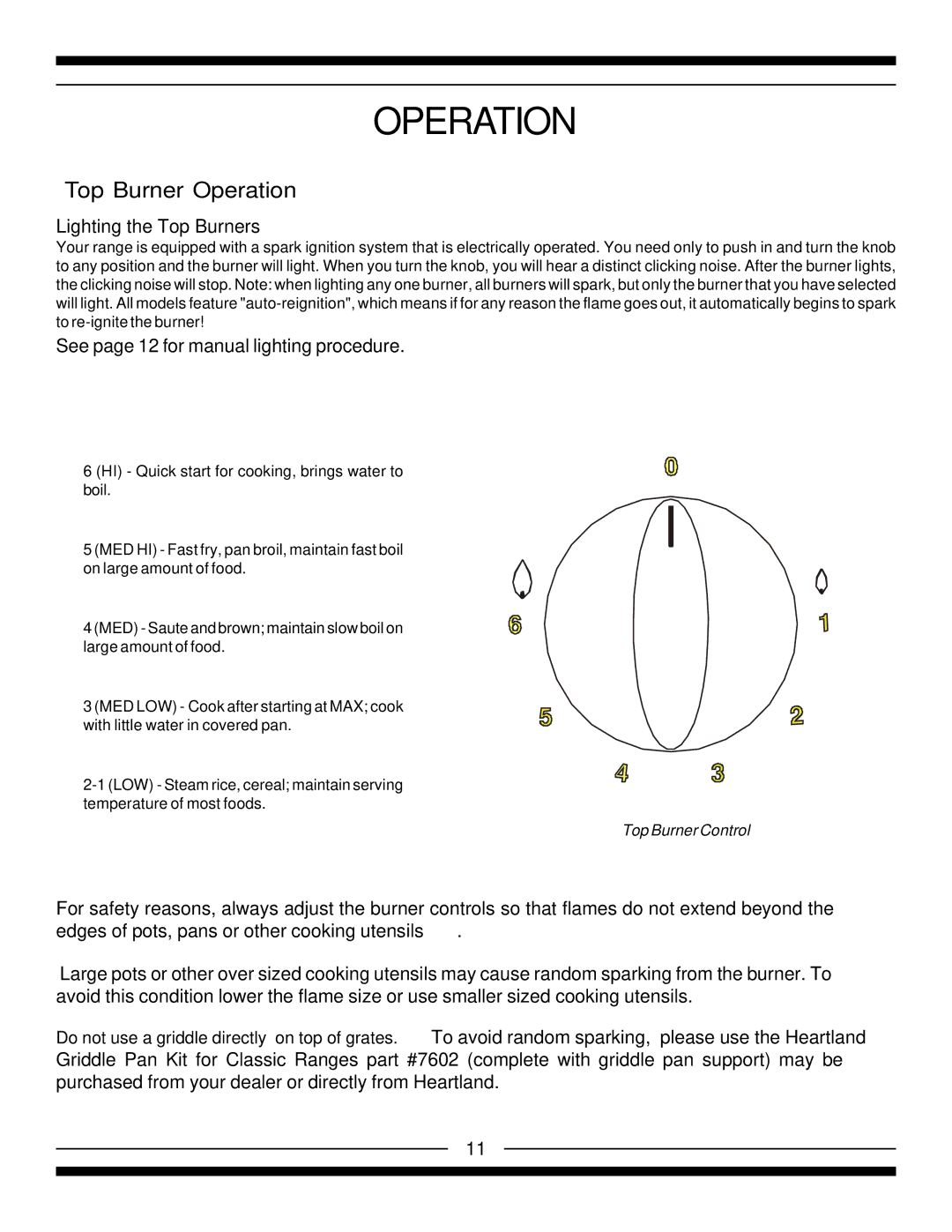 Heartland 4200, 5210, 5200, 4210 installation instructions Top Burner Operation, Lighting the Top Burners 