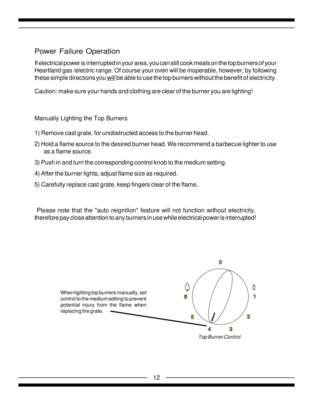 Heartland 4210, 5210, 5200, 4200 installation instructions Power Failure Operation, Manually Lighting the Top Burners 