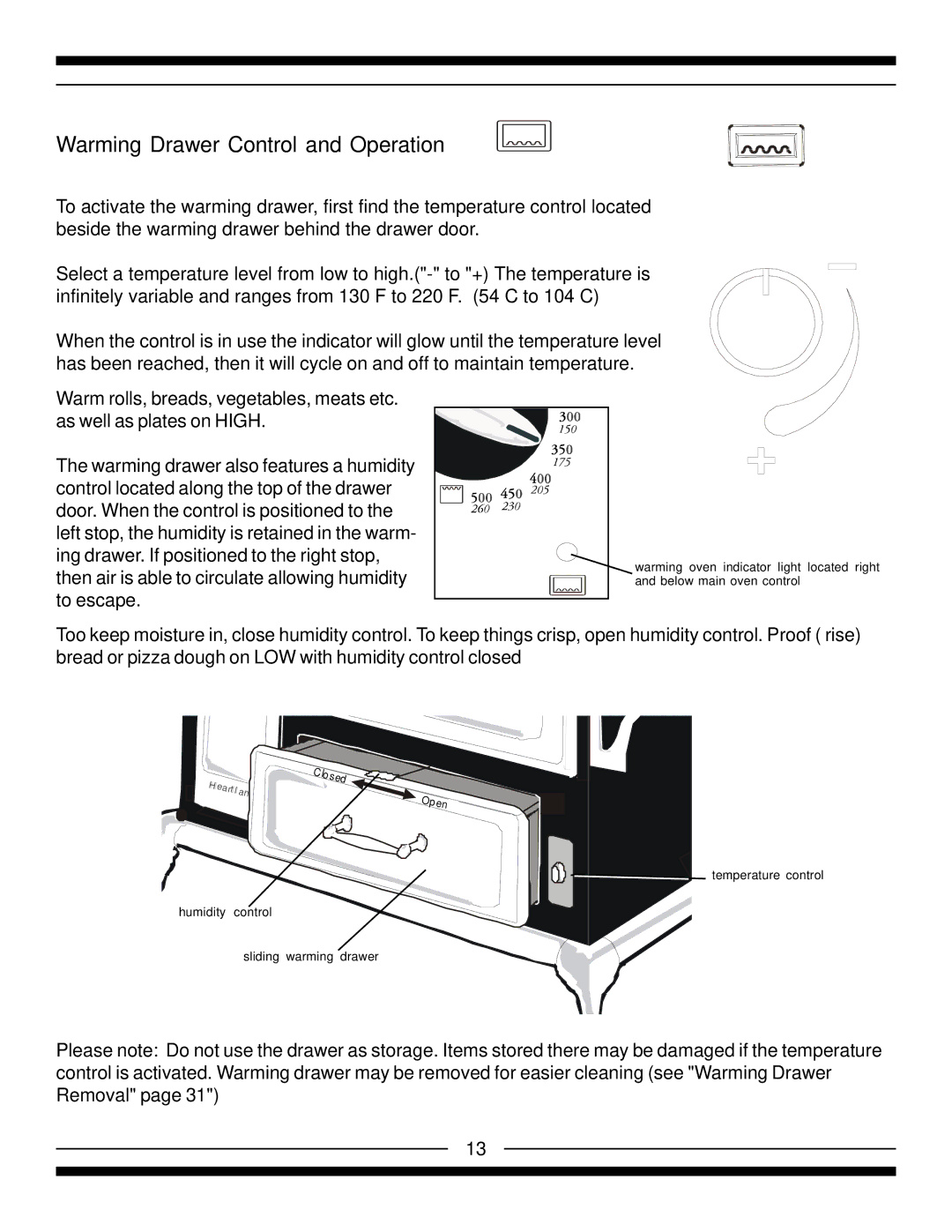 Heartland 5210, 5200, 4200, 4210 installation instructions Warming Drawer Control and Operation 