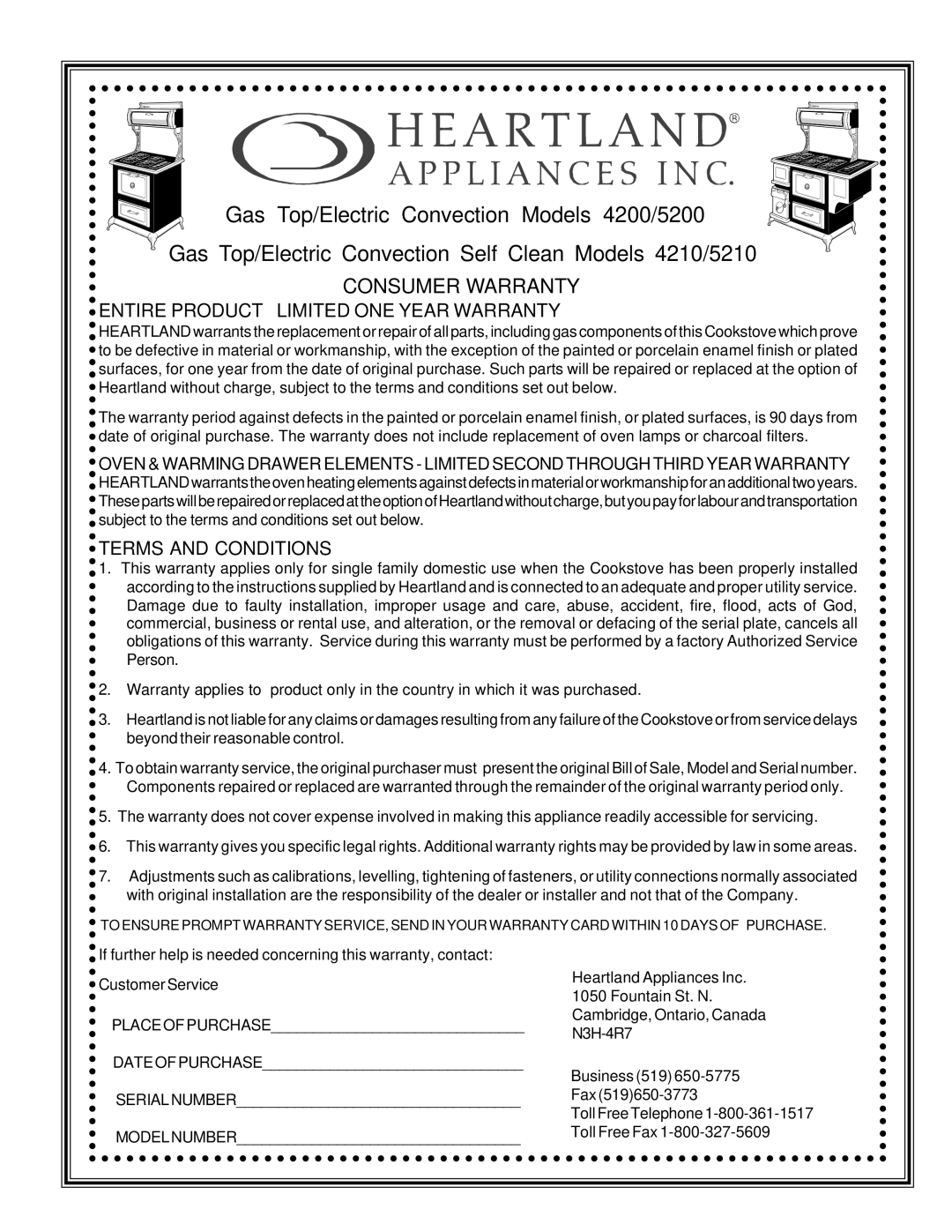 Heartland 4210, 5210, 5200, 4200 installation instructions Consumer Warranty 