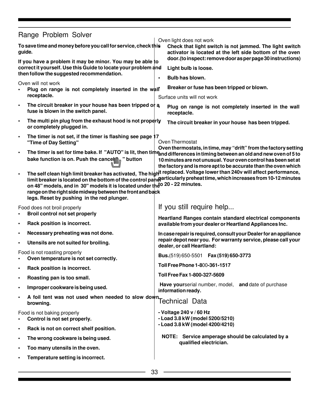 Heartland 5210, 5200, 4200, 4210 installation instructions Range Problem Solver, If you still require help, Technical Data 