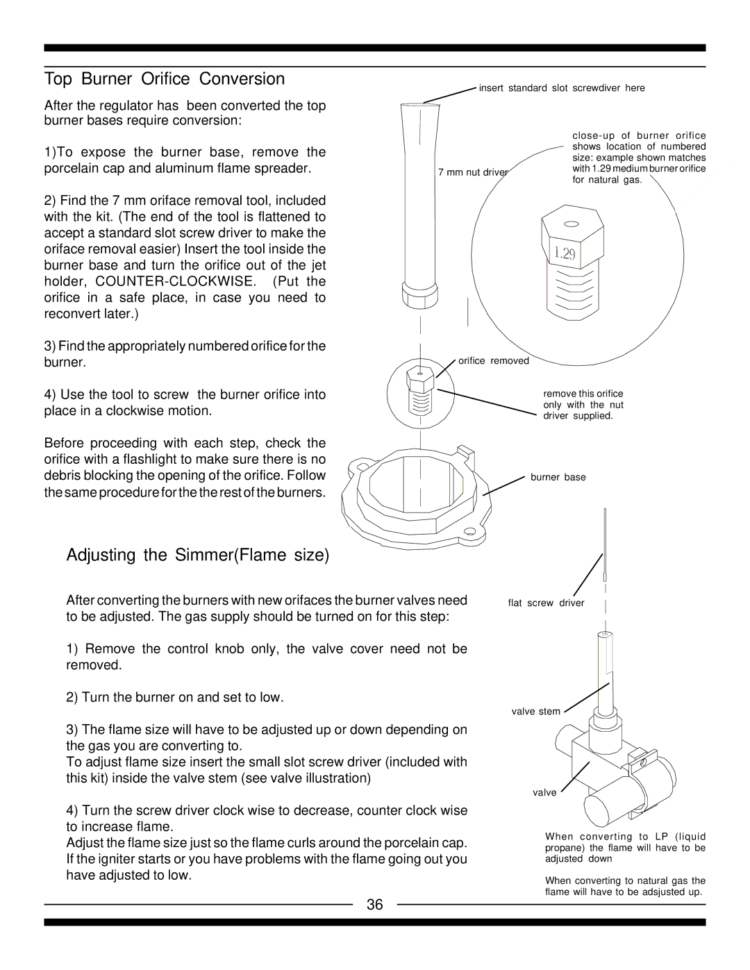 Heartland 4210, 5210, 5200, 4200 installation instructions Top Burner Orifice Conversion, Adjusting the SimmerFlame size 