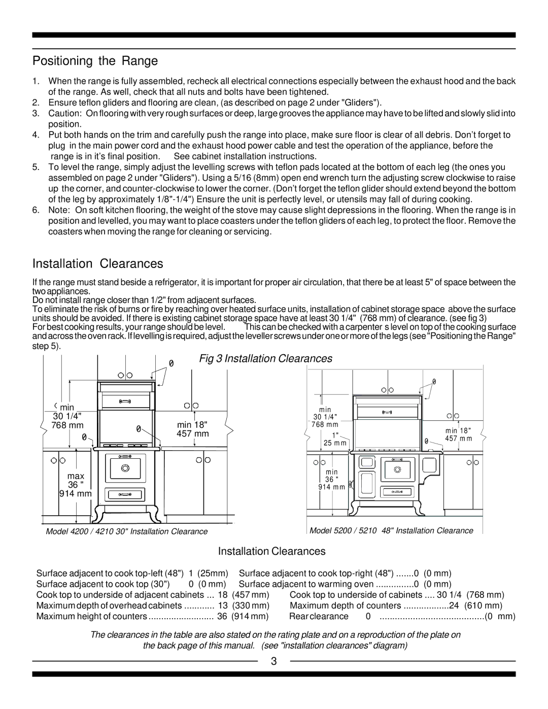 Heartland 4200, 5210, 5200, 4210 Positioning the Range, Installation Clearances, Min 30 1/4 768 mm Max 914 mm Min 18 457 mm 