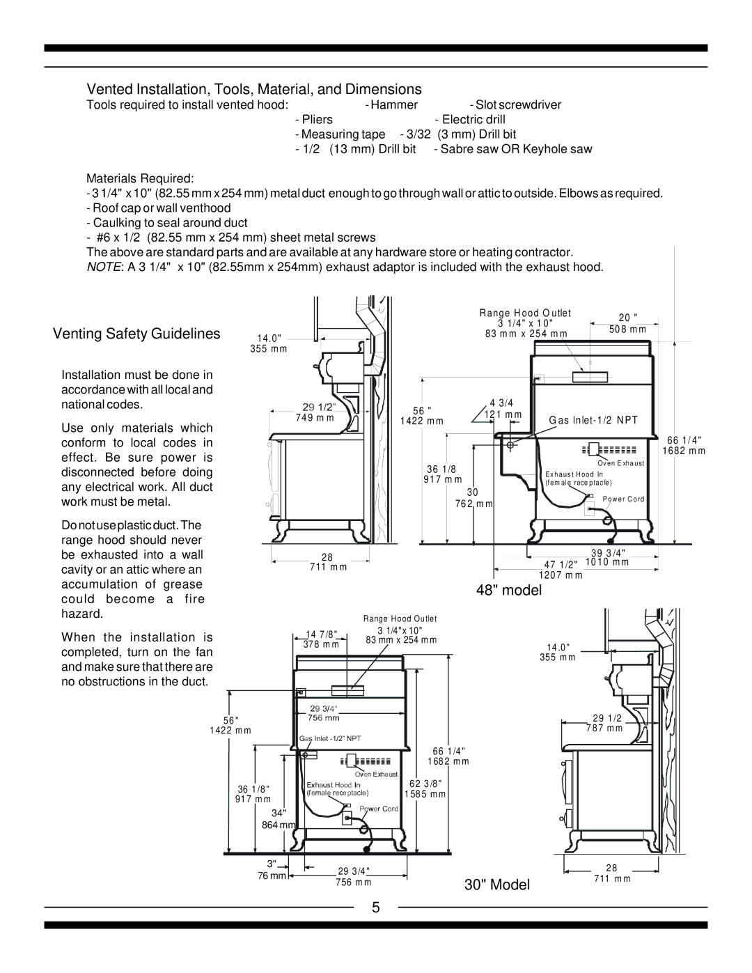 Heartland 5210, 5200, 4200, 4210 Vented Installation, Tools, Material, and Dimensions, Venting Safety Guidelines, Model 