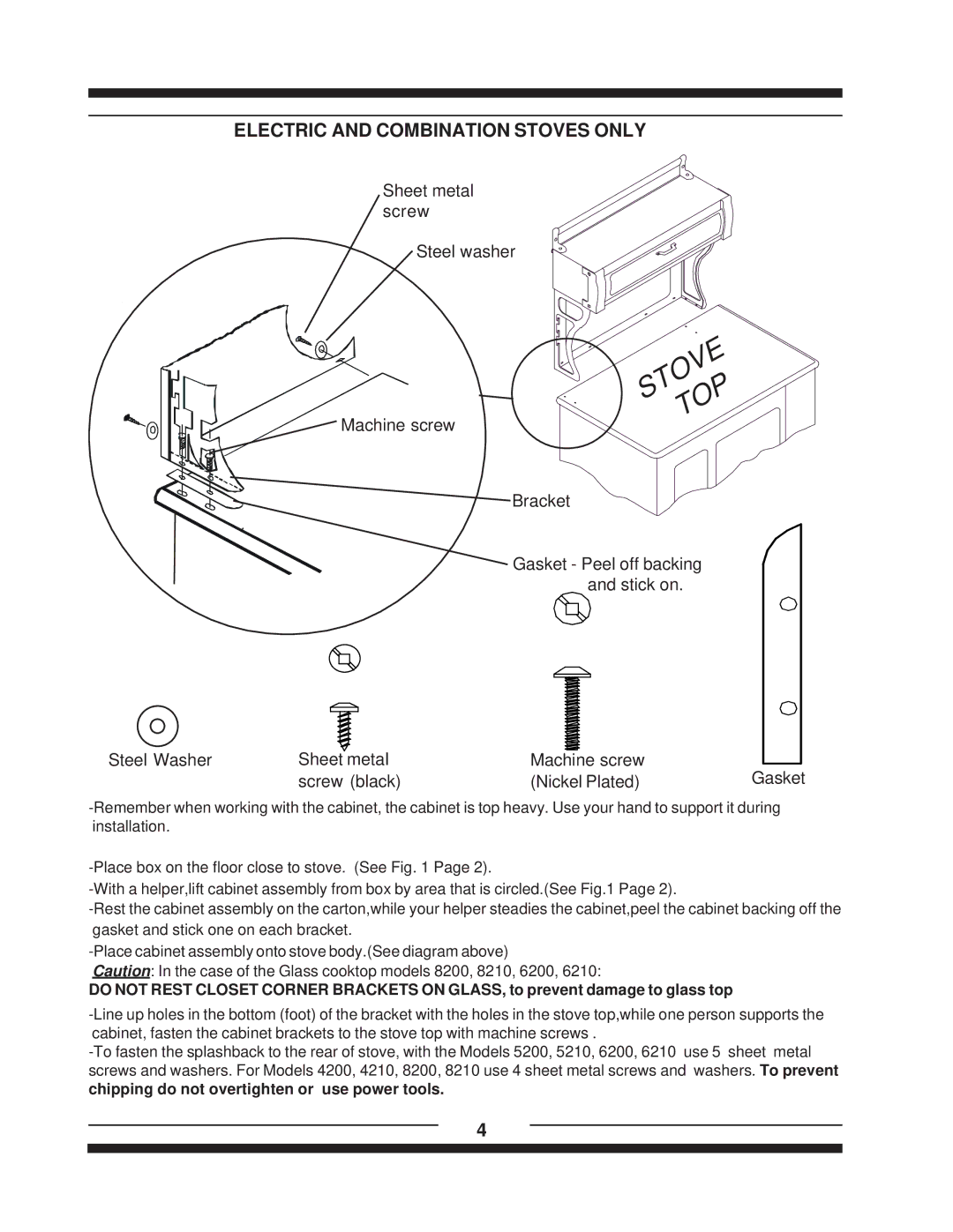 Heartland 8200, 6210, 1903, 1902, 2602, 2603, 620, 8210, 7200, 9200 installation instructions Stove TOP 