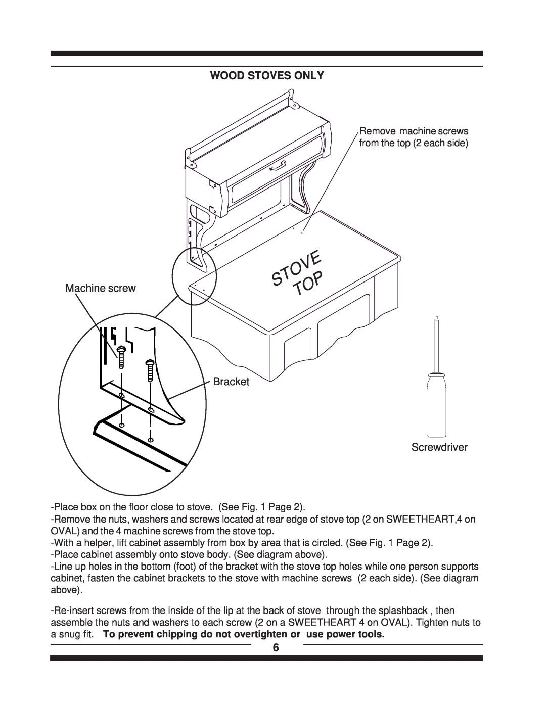 Heartland 8210, 6210, 1903, 1902, 2602, 2603, 8200, 620, 7200, 9200 installation instructions Stove Top, Wood Stoves Only 