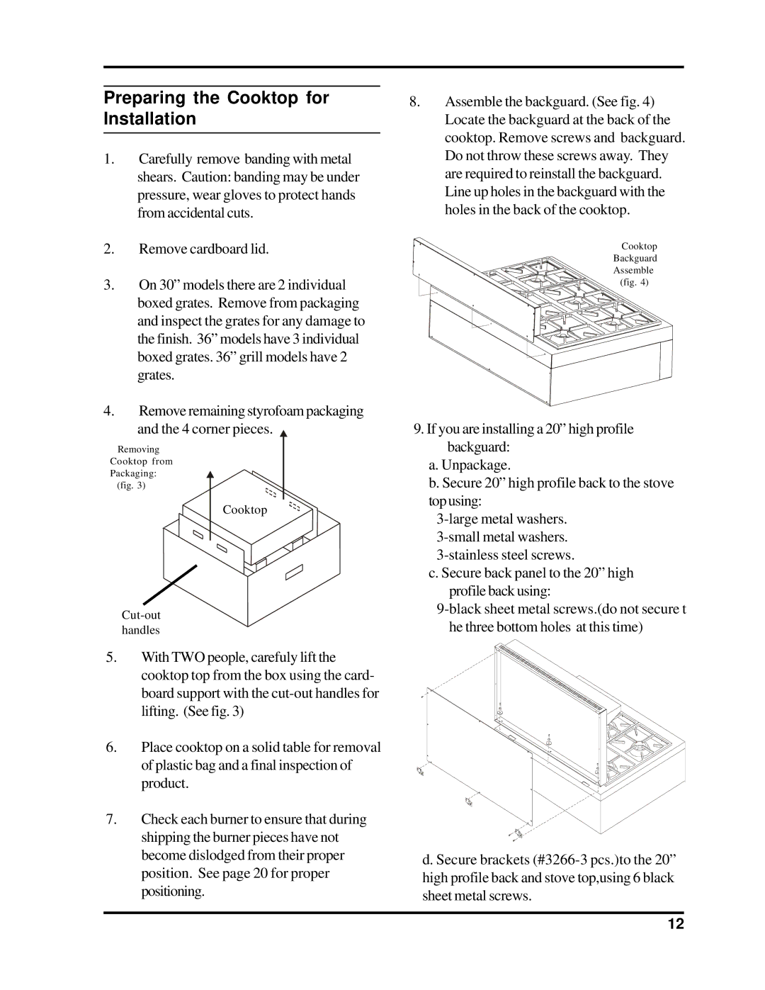 Heartland Bakeware 3800-3820, 3805-3825 manual Preparing the Cooktop for Installation 