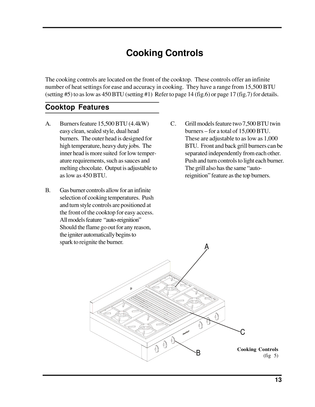 Heartland Bakeware 3805-3825, 3800-3820 manual Cooking Controls, Cooktop Features 