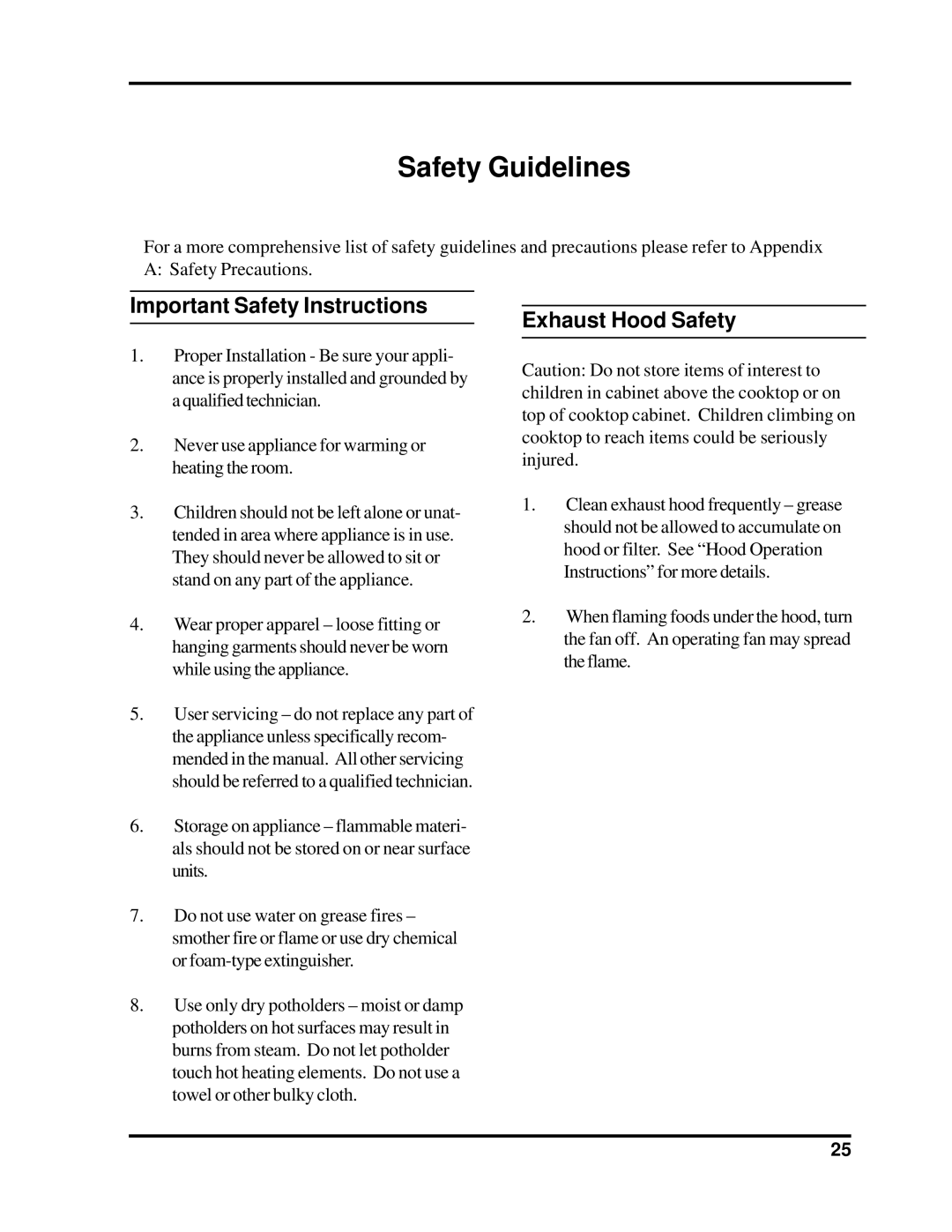 Heartland Bakeware 3805-3825, 3800-3820 manual Safety Guidelines, Important Safety Instructions, Exhaust Hood Safety 