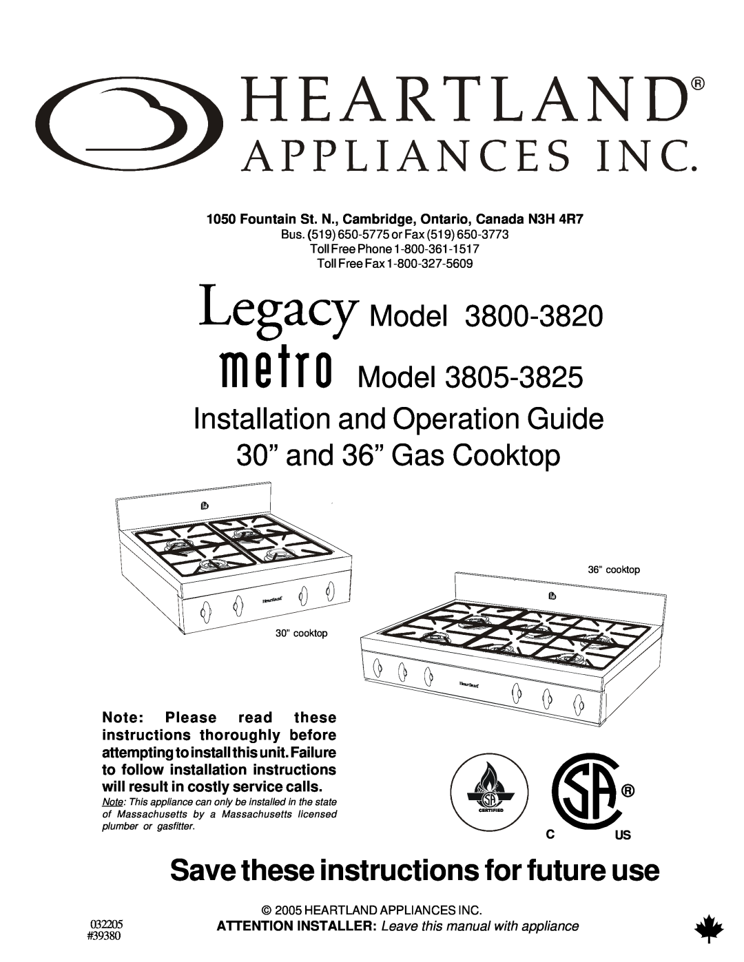 Heartland Bakeware 3800-3820, 3805-3825 manual Model Installation and Operation Guide 30” and 36” Gas Cooktop 