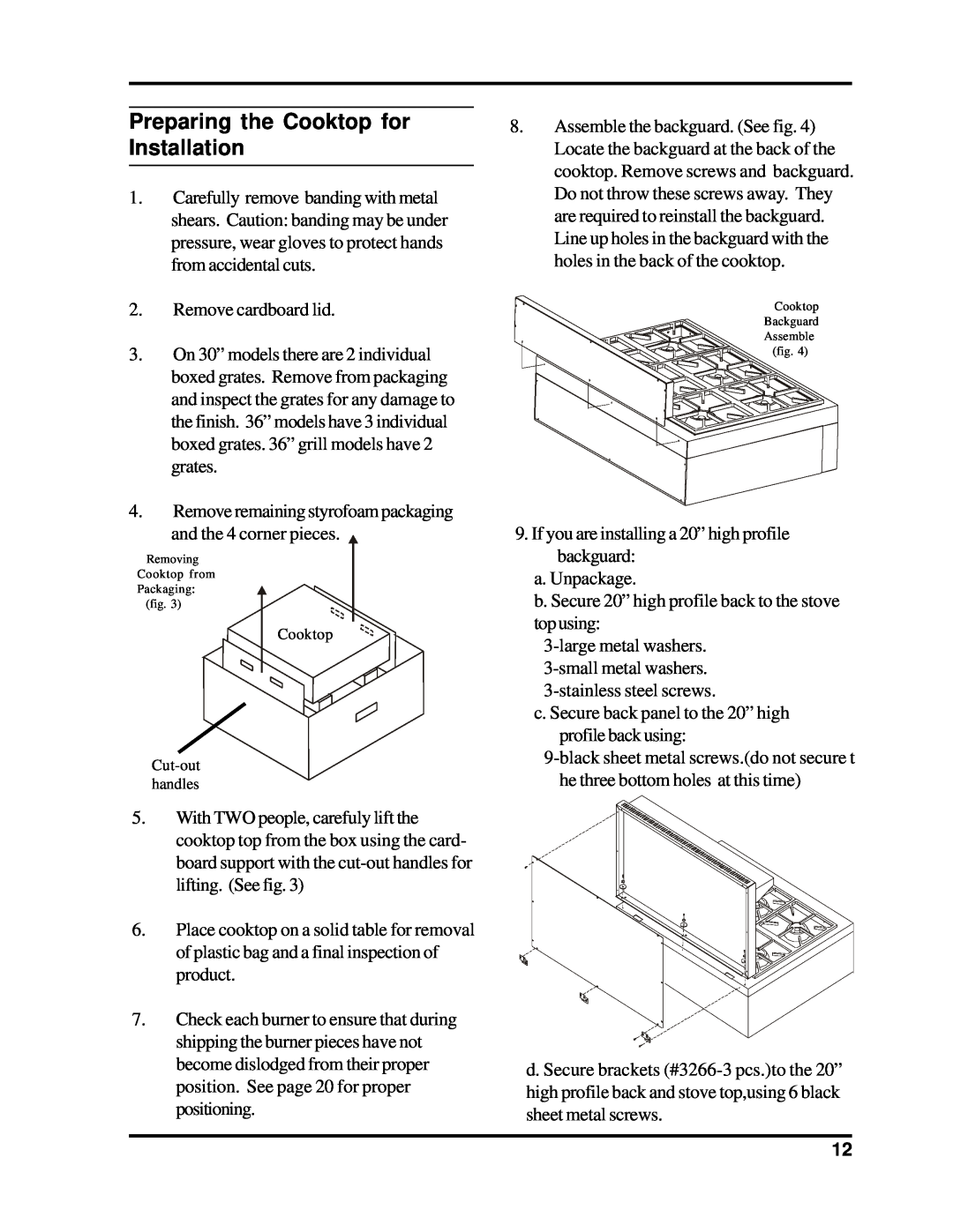 Heartland Bakeware 3800-3820, 3805-3825 manual Preparing the Cooktop for Installation 