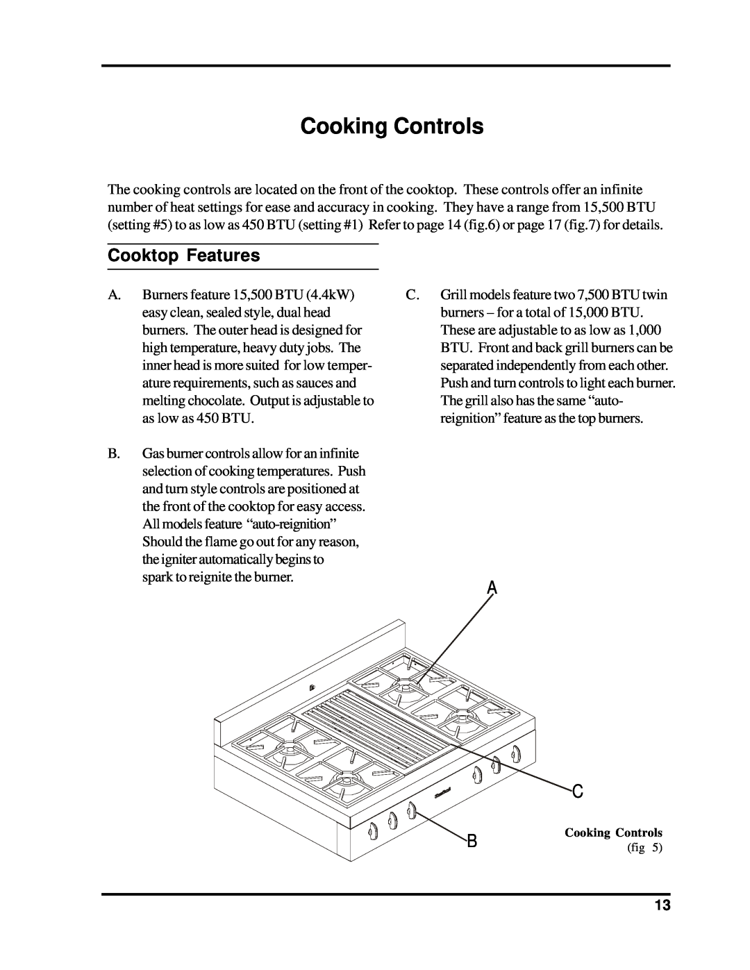 Heartland Bakeware 3805-3825, 3800-3820 manual Cooking Controls, Cooktop Features 