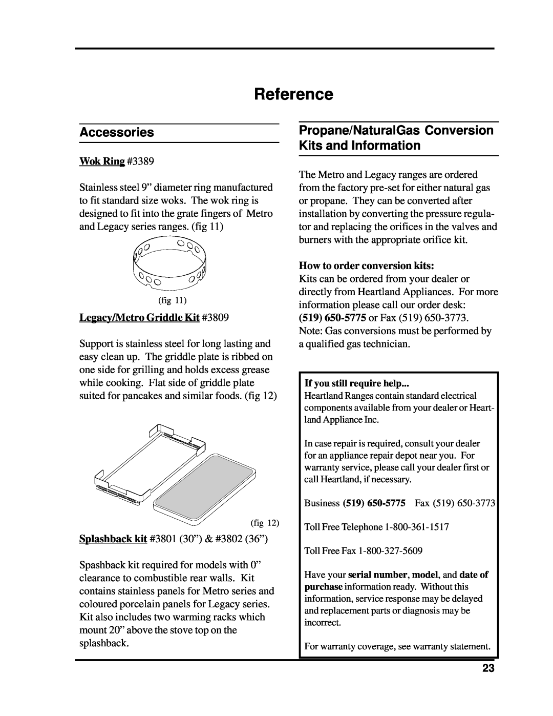 Heartland Bakeware 3805-3825, 3800-3820 manual Reference, Accessories, Propane/NaturalGas Conversion Kits and Information 