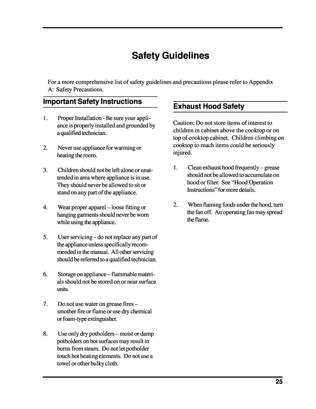 Heartland Bakeware 3805-3825, 3800-3820 manual Safety Guidelines, Important Safety Instructions, Exhaust Hood Safety 