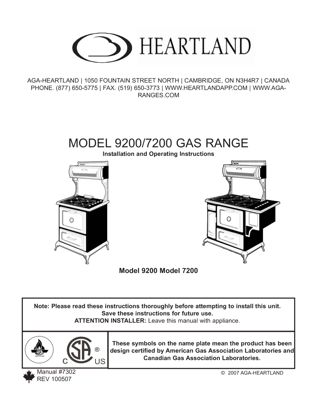 Heartland Bakeware 9200/7200 manual Model 9200 Model, Installation and Operating Instructions, Rev 