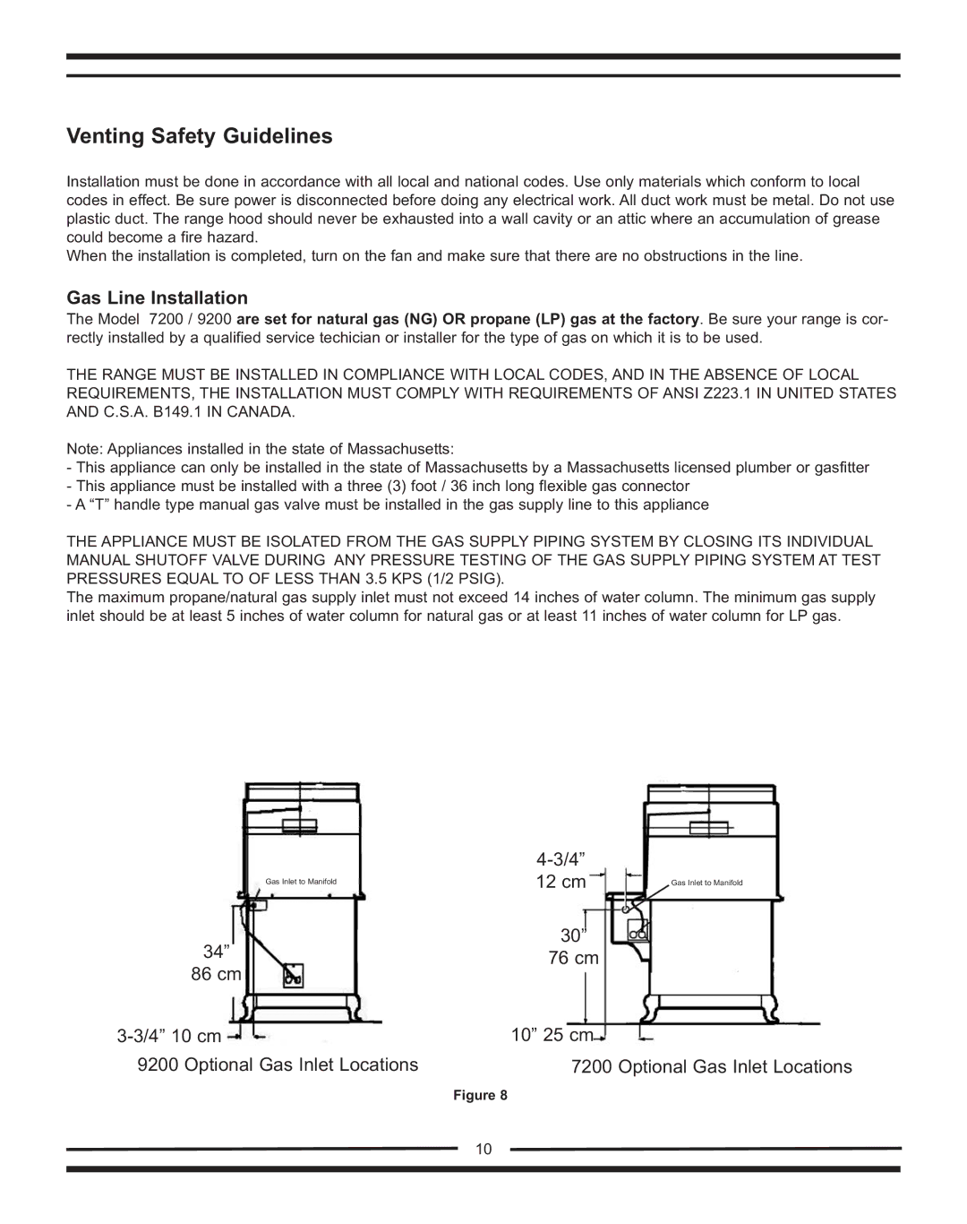 Heartland Bakeware 9200/7200 manual Venting Safety Guidelines, Gas Line Installation 