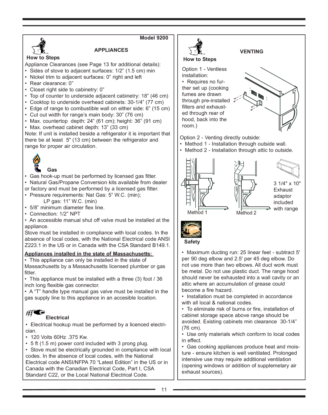 Heartland Bakeware 9200/7200 Model, How to Steps, Gas, Appliances installed in the state of Massachusetts, Electrical 