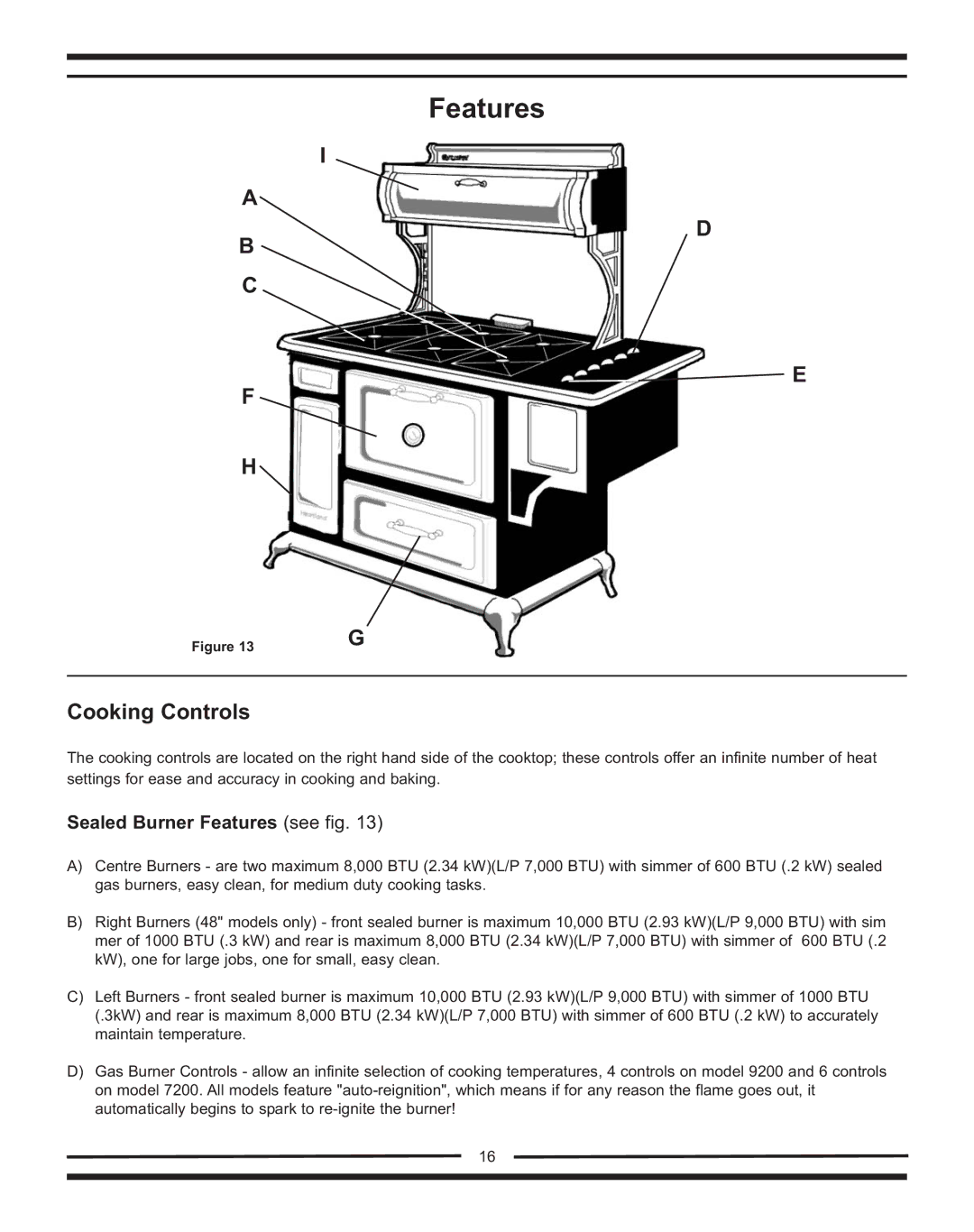 Heartland Bakeware 9200/7200 manual Cooking Controls, Sealed Burner Features see fig 