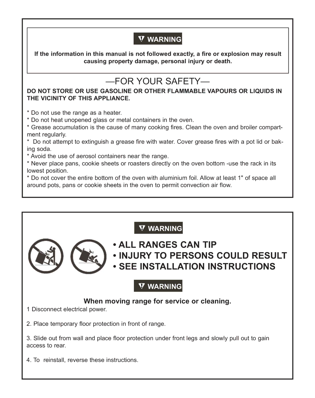 Heartland Bakeware 9200/7200 manual For Your Safety, When moving range for service or cleaning 