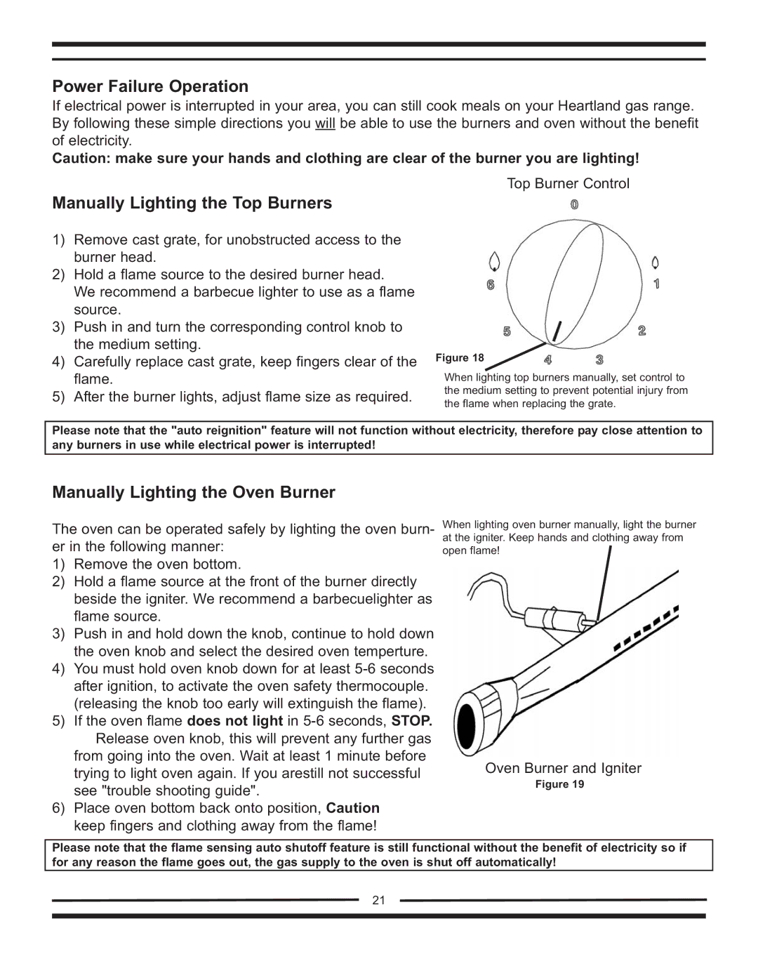 Heartland Bakeware 9200/7200 Power Failure Operation, Manually Lighting the Top Burners, Manually Lighting the Oven Burner 