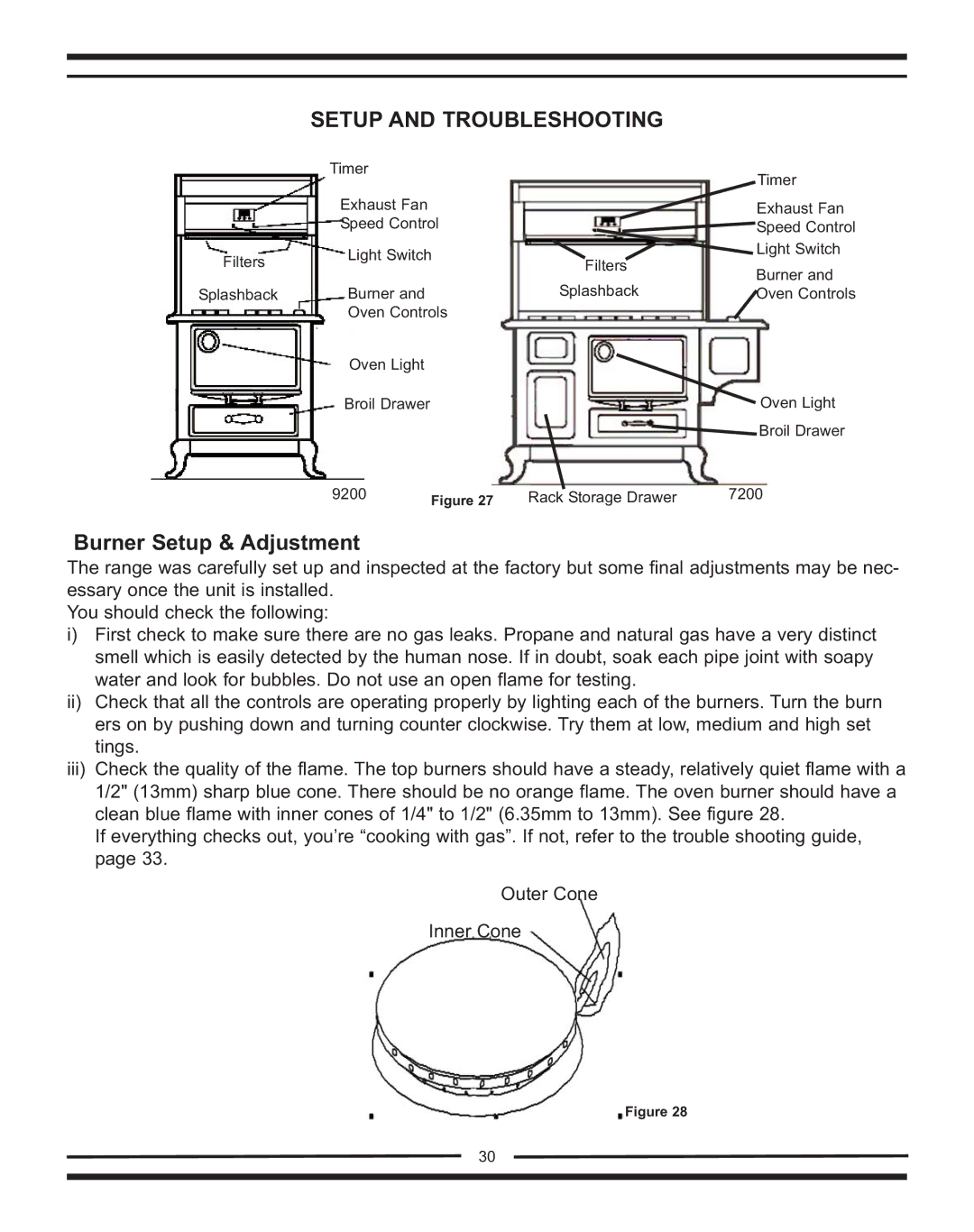 Heartland Bakeware 9200/7200 manual Setup and Troubleshooting, Burner Setup & Adjustment 