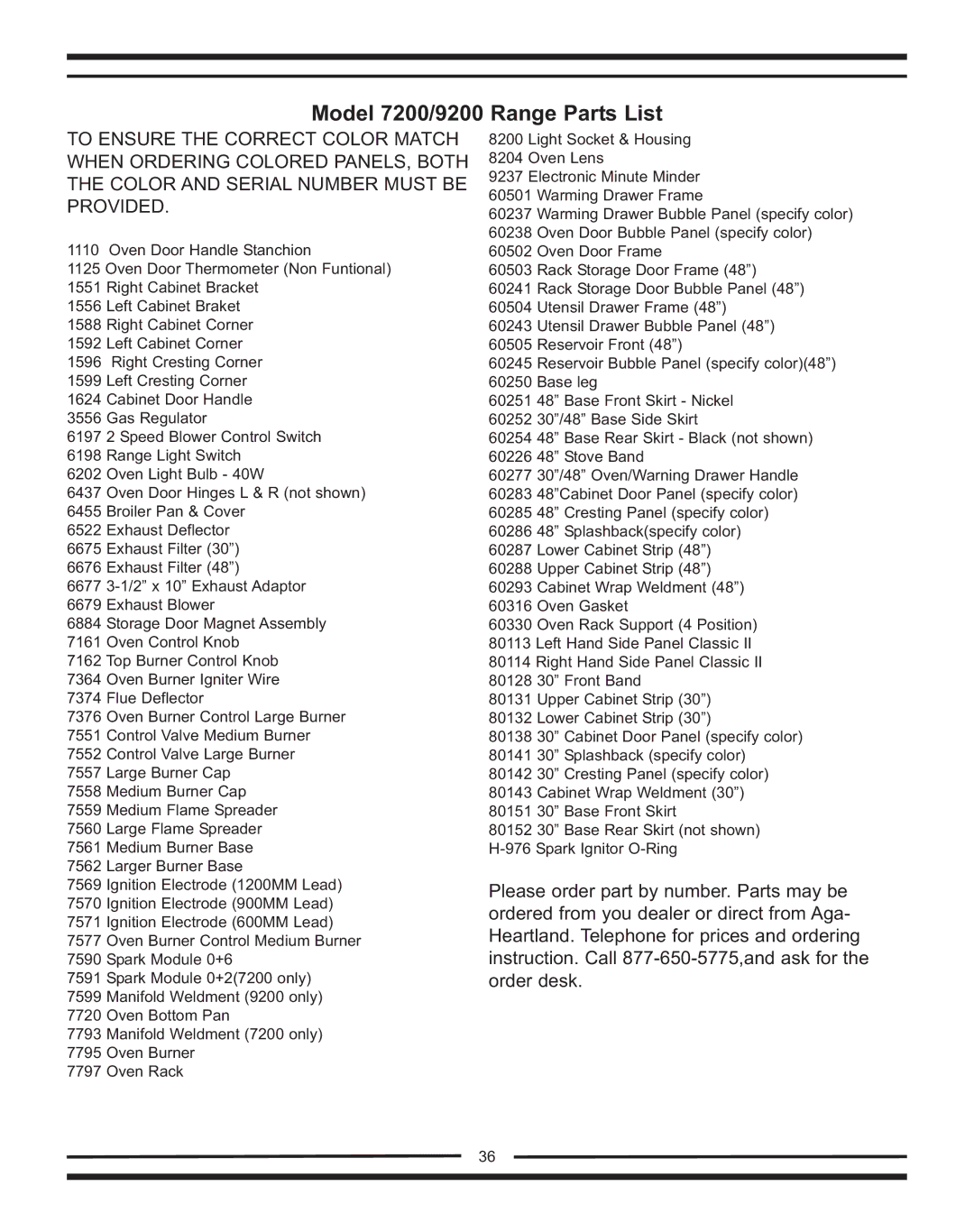 Heartland Bakeware 9200/7200 manual Model 7200/9200 Range Parts List 