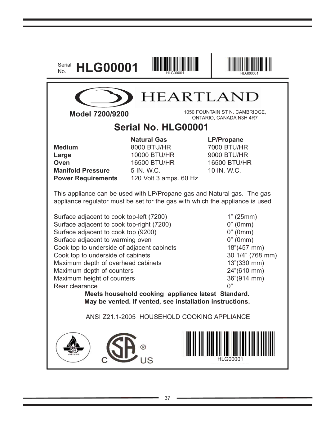 Heartland Bakeware 9200/7200 manual Model 7200/9200 