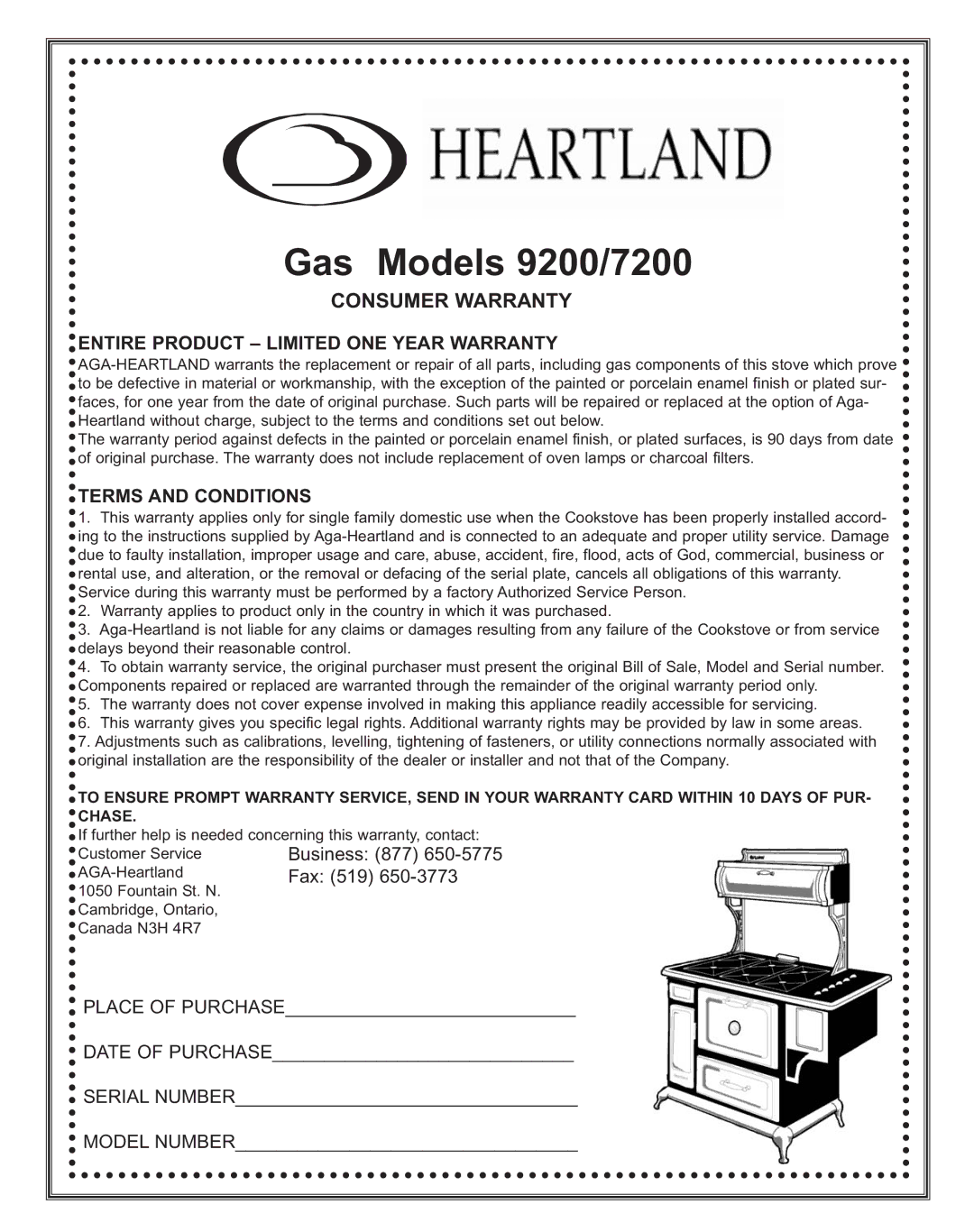 Heartland Bakeware manual Gas Models 9200/7200 