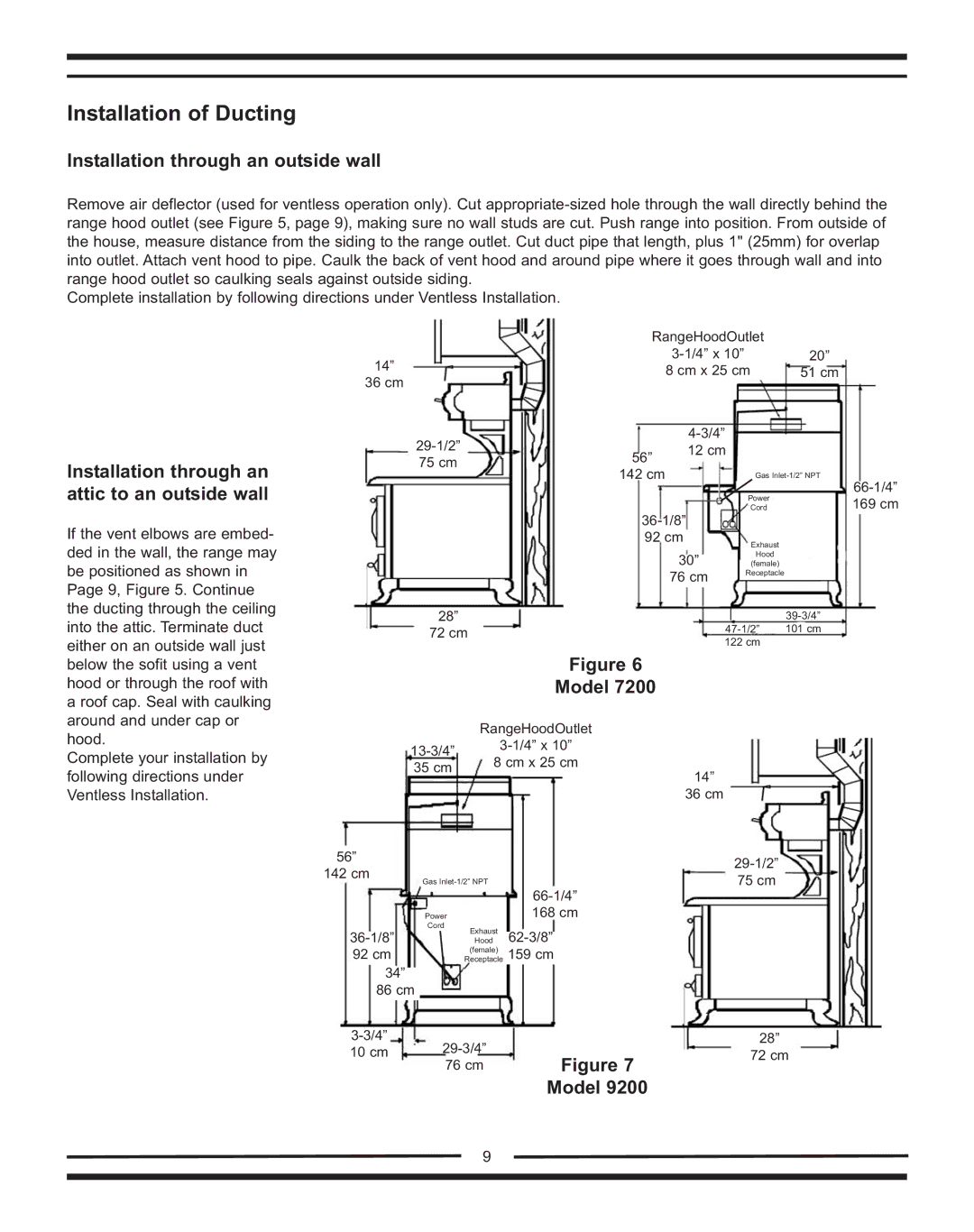 Heartland Bakeware 9200/7200 manual Installation of Ducting, Installation through an outside wall, Model 