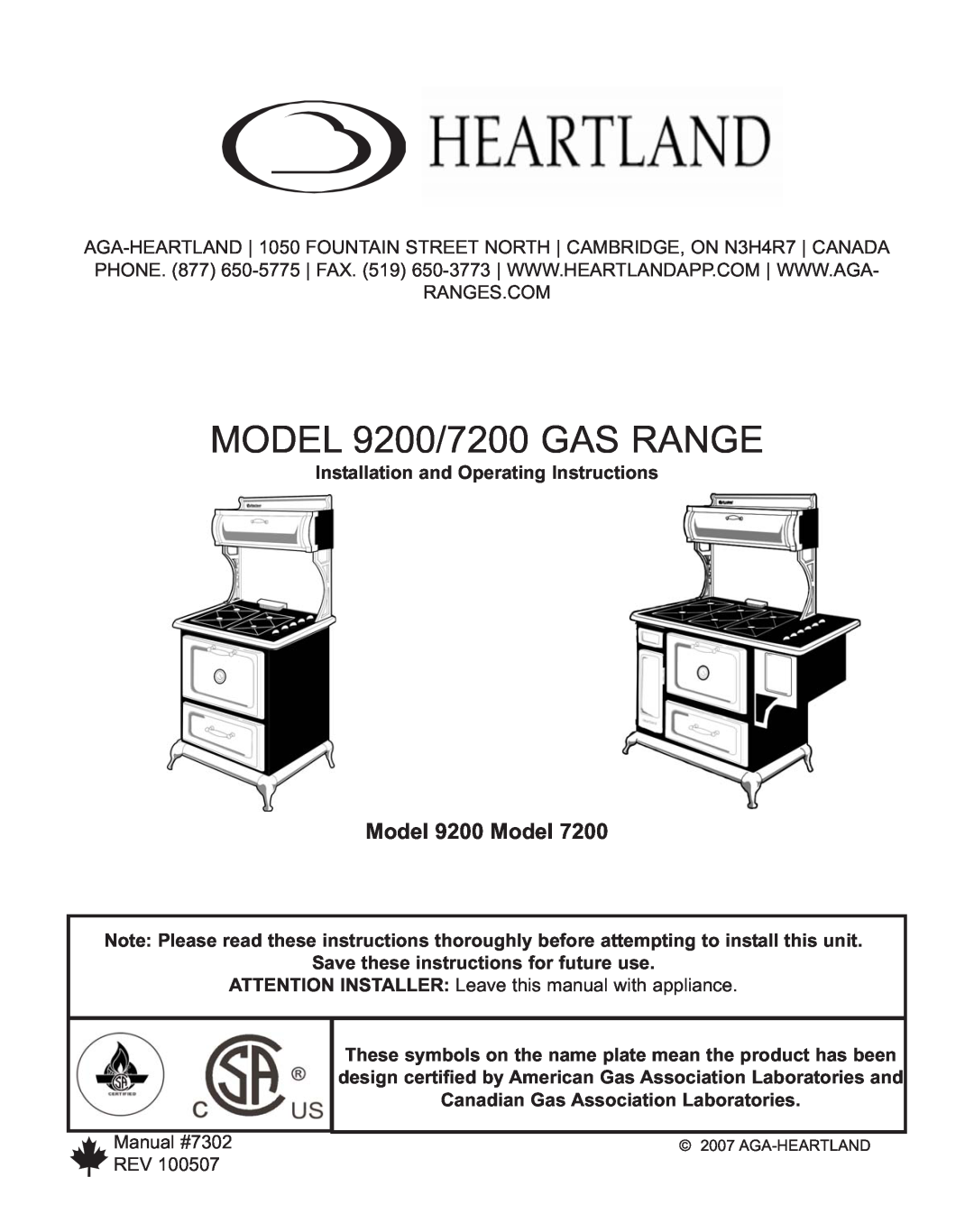Heartland Bakeware manual MODEL 9200/7200 GAS RANGE, Model 9200 Model 