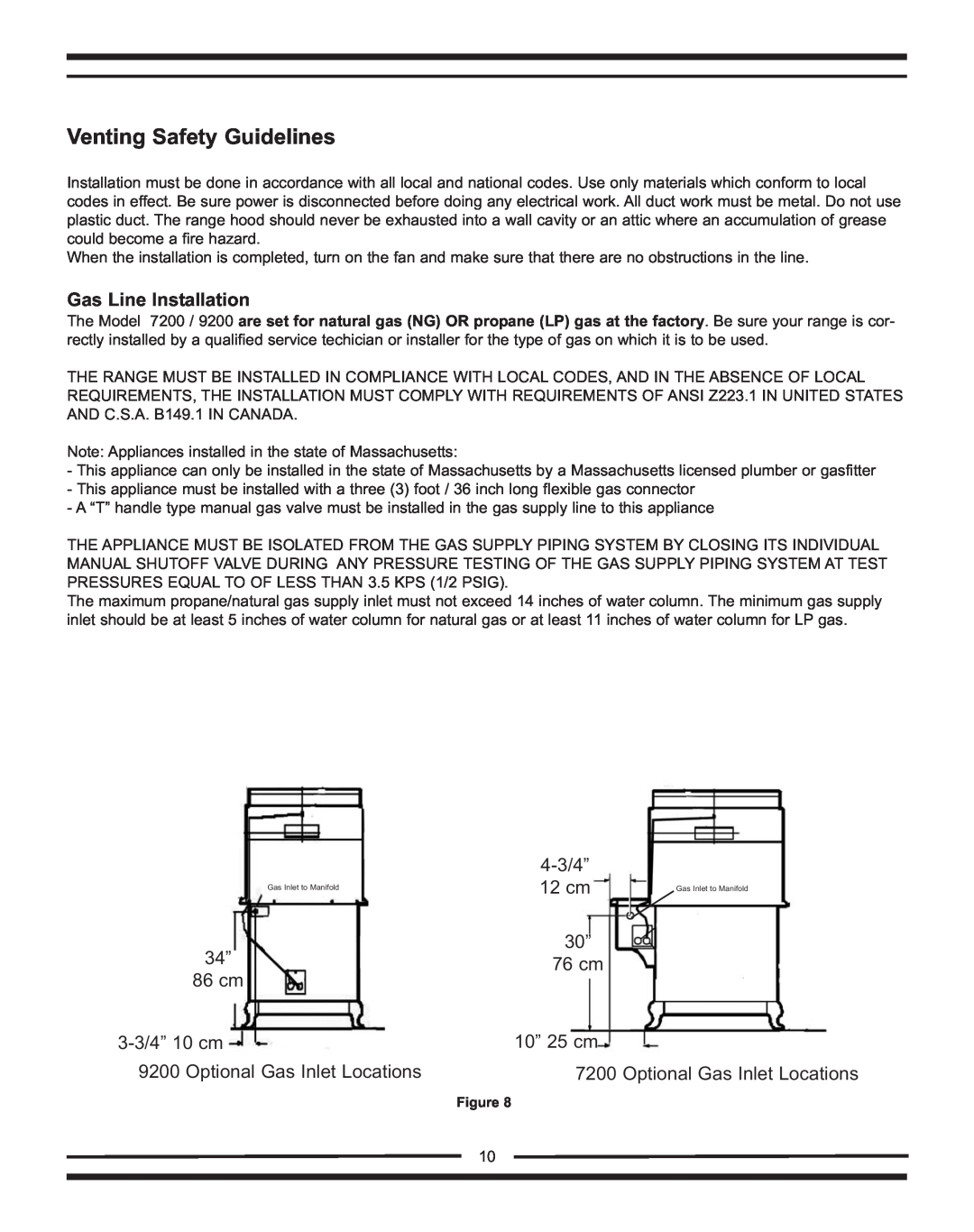 Heartland Bakeware 9200/7200 manual Venting Safety Guidelines, Gas Line Installation, 86 cm 