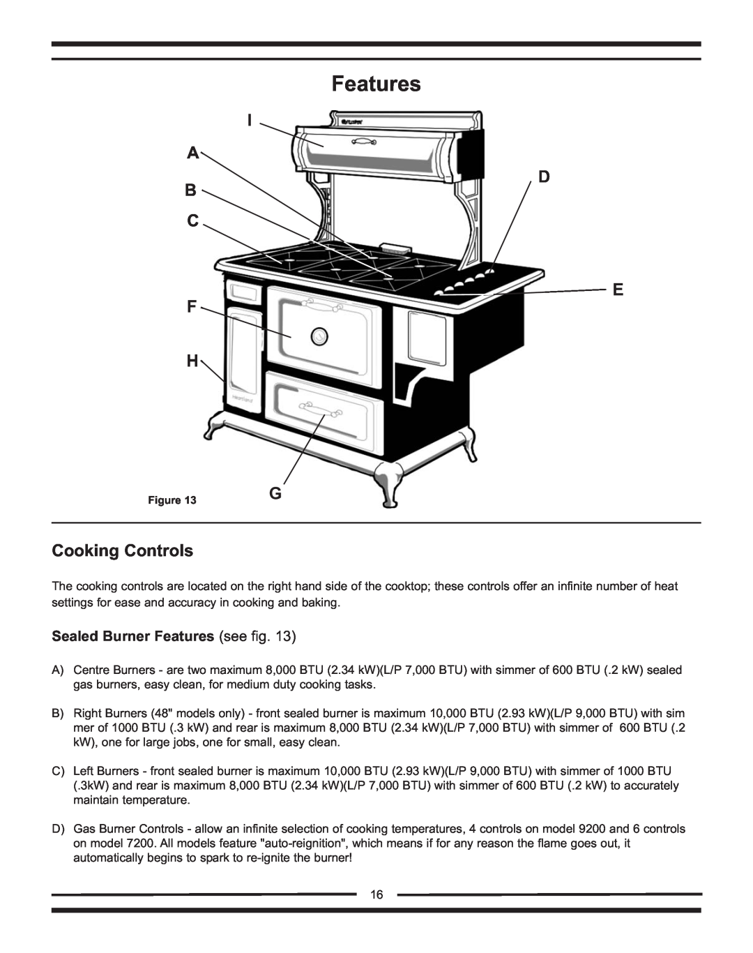 Heartland Bakeware 9200/7200 manual Features, I A D B C E F H, Cooking Controls 