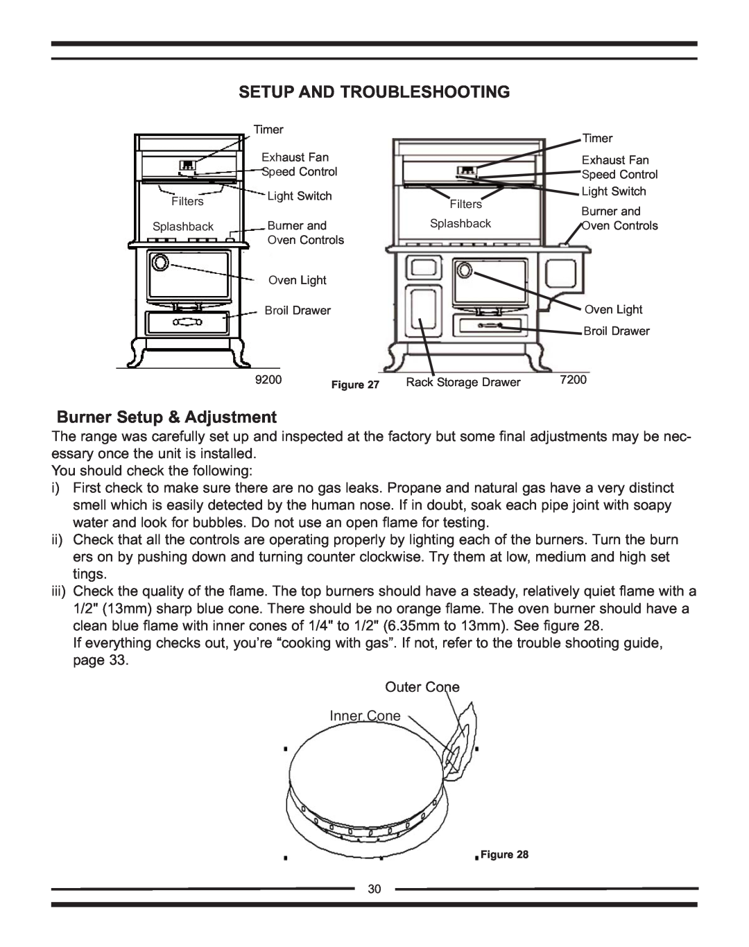 Heartland Bakeware 9200/7200 manual Setup And Troubleshooting, Burner Setup & Adjustment 