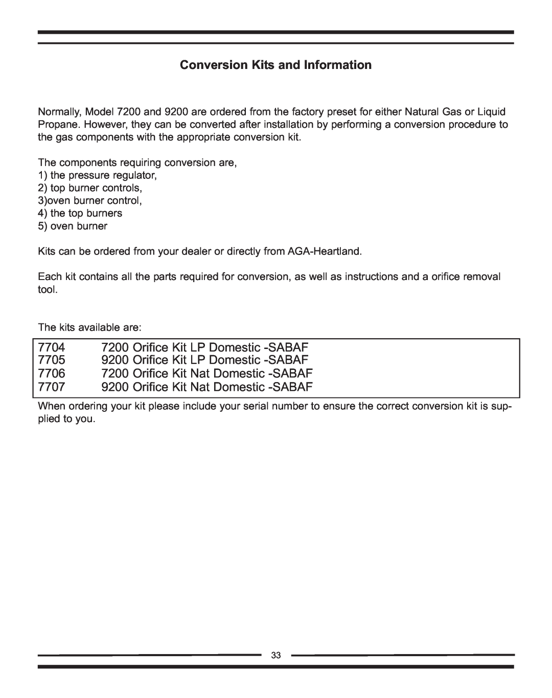 Heartland Bakeware 9200/7200 manual Conversion Kits and Information, 7704 7200 Orifice Kit LP Domestic -SABAF 