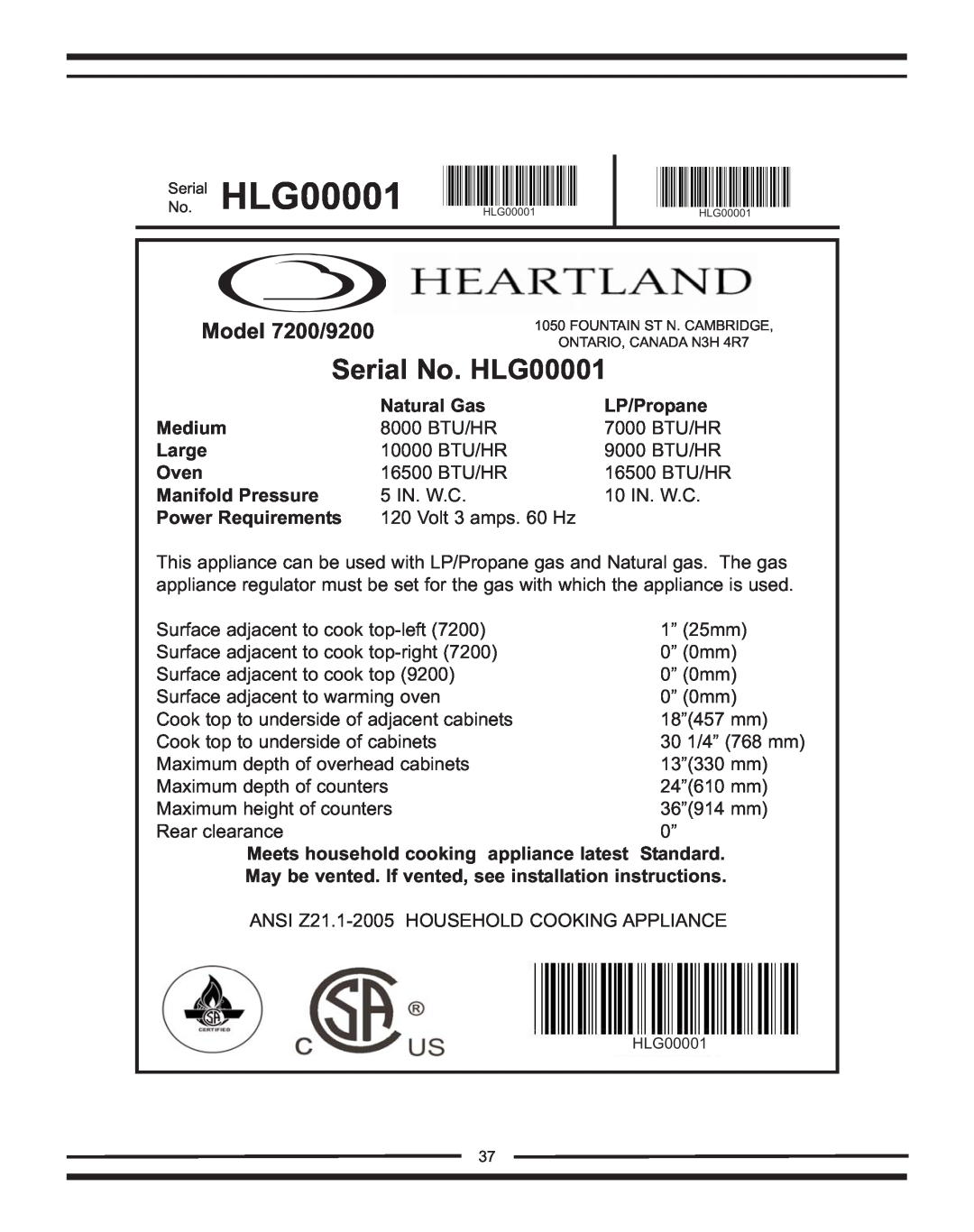 Heartland Bakeware 9200/7200 manual Serial HLG00001, Serial No. HLG00001, Model 7200/9200 