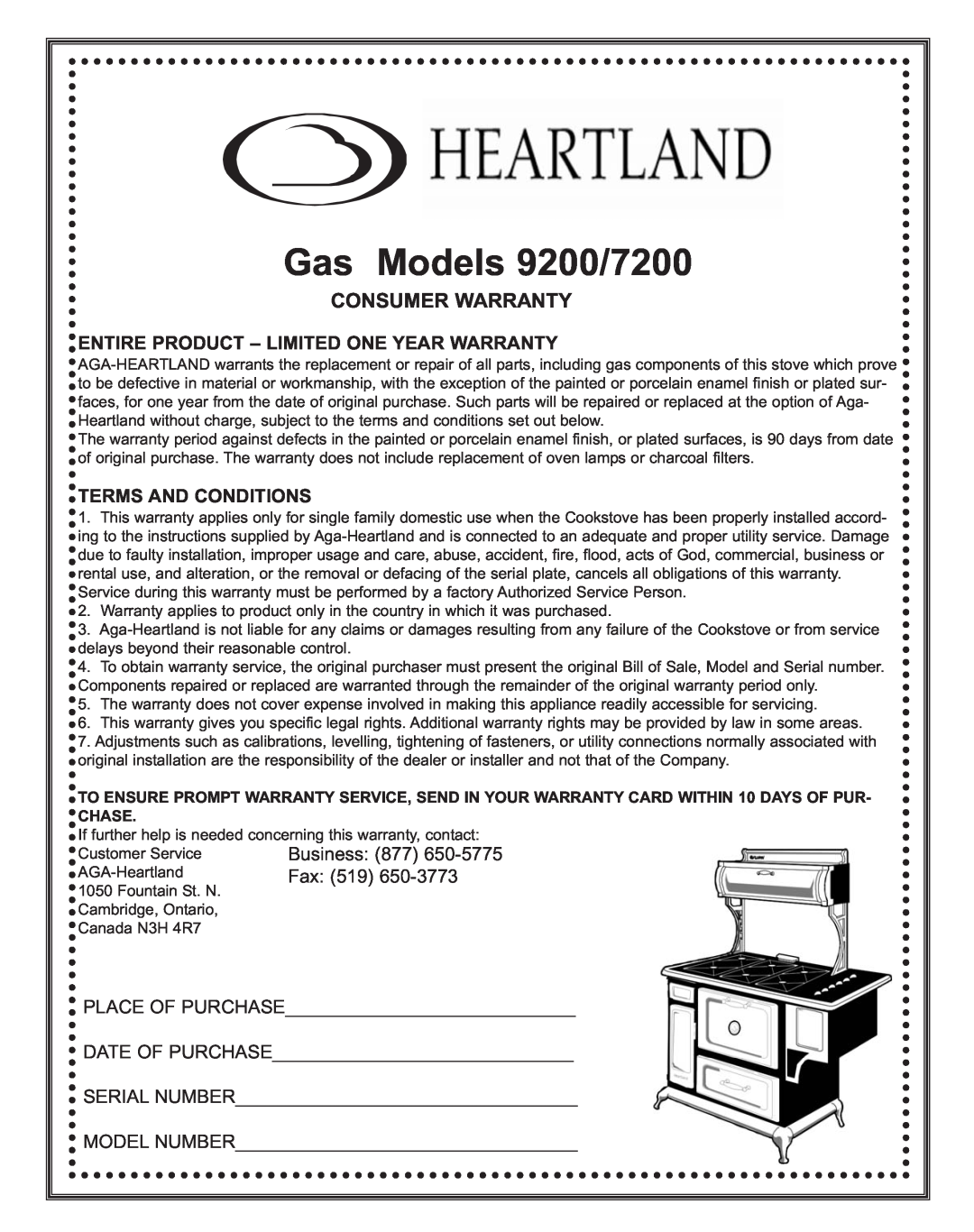 Heartland Bakeware manual Gas Models 9200/7200, Consumer Warranty 