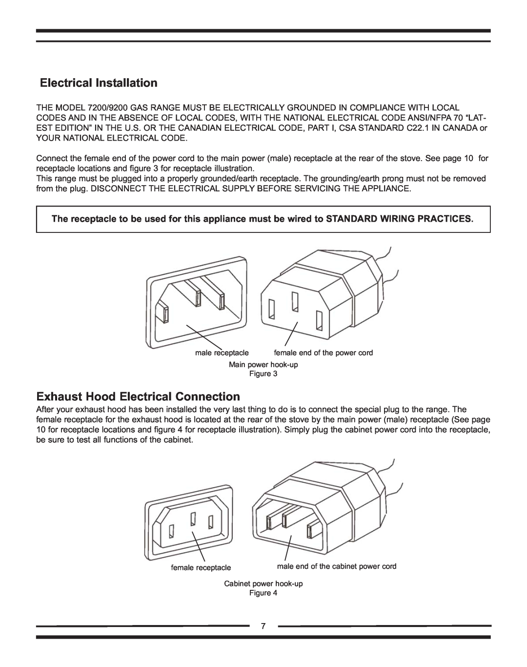 Heartland Bakeware 9200/7200 manual Electrical Installation, Exhaust Hood Electrical Connection 