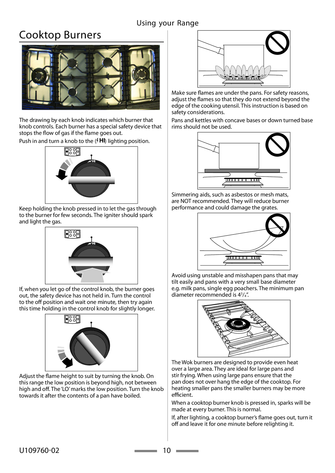 Heartland Bakeware U109760-02 installation instructions Cooktop Burners, Using your Range 