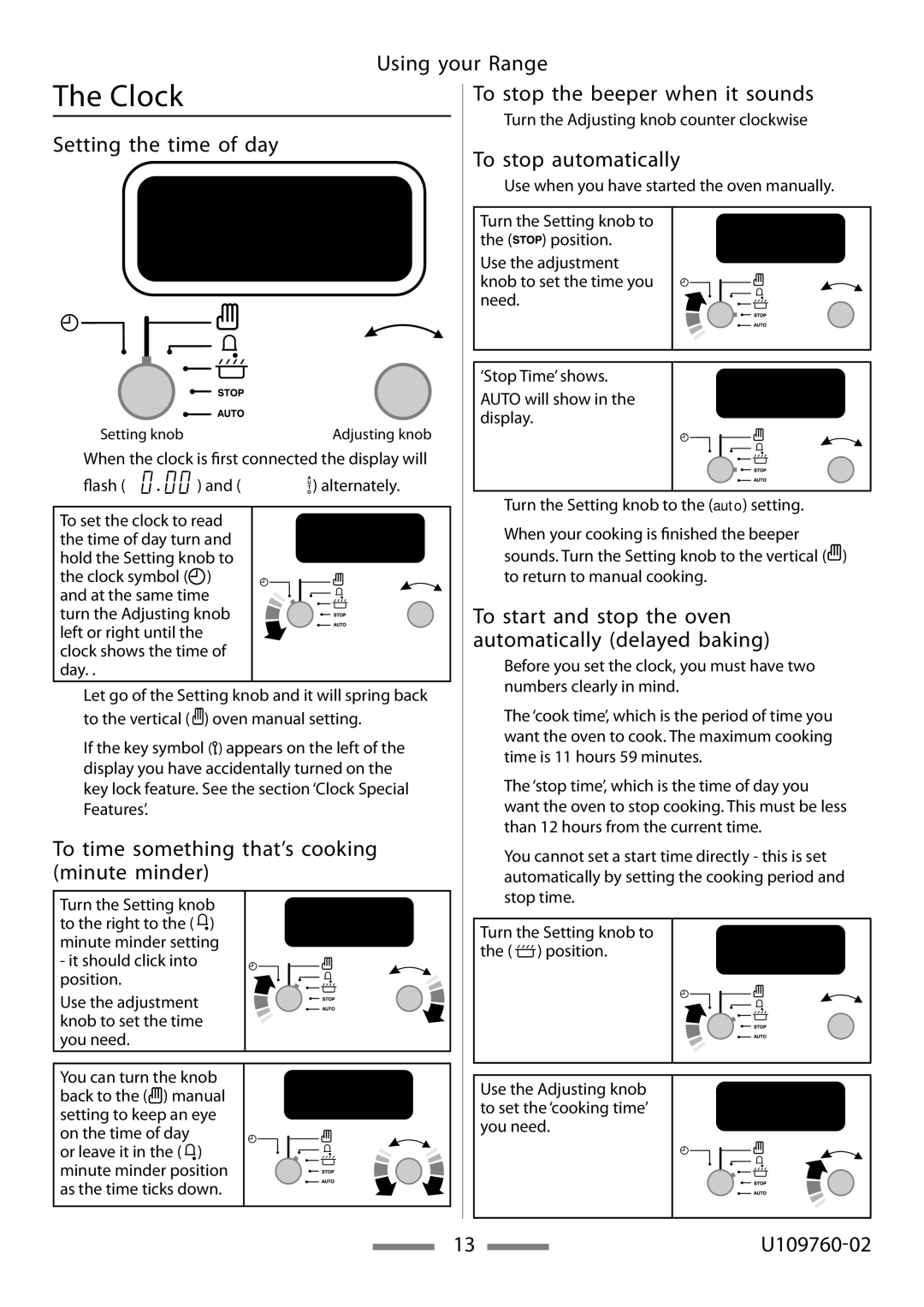 Heartland Bakeware U109760-02 Setting the time of day To stop automatically, To start and stop the oven, Minute minder 