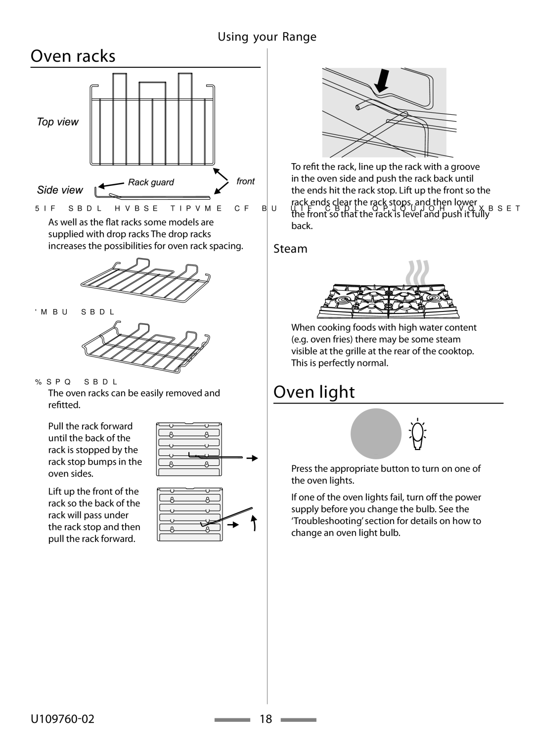 Heartland Bakeware U109760-02 installation instructions Oven racks, Oven light, Steam 