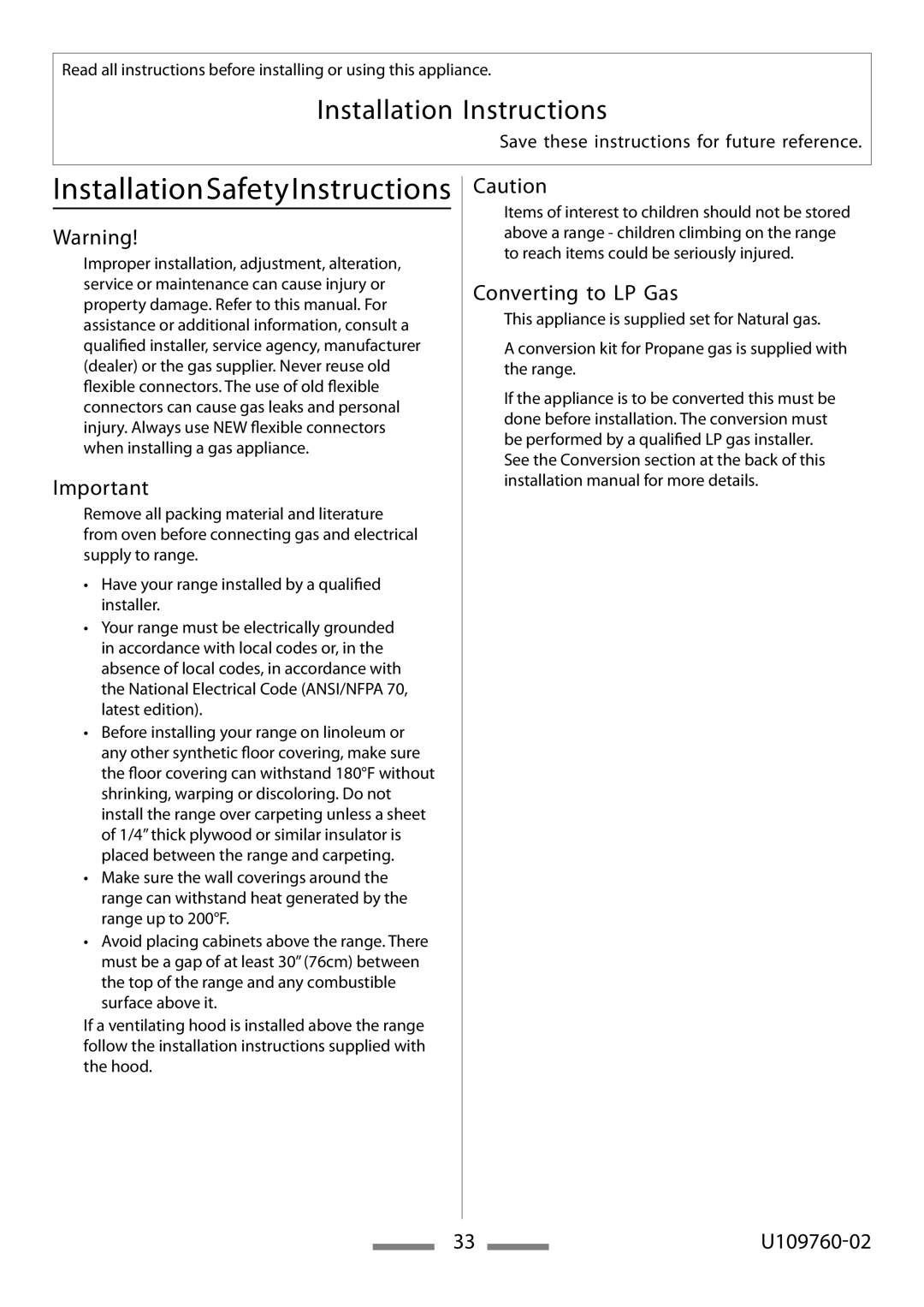 Heartland Bakeware U109760-02 installation instructions InstallationSafetyInstructions, Converting to LP Gas 