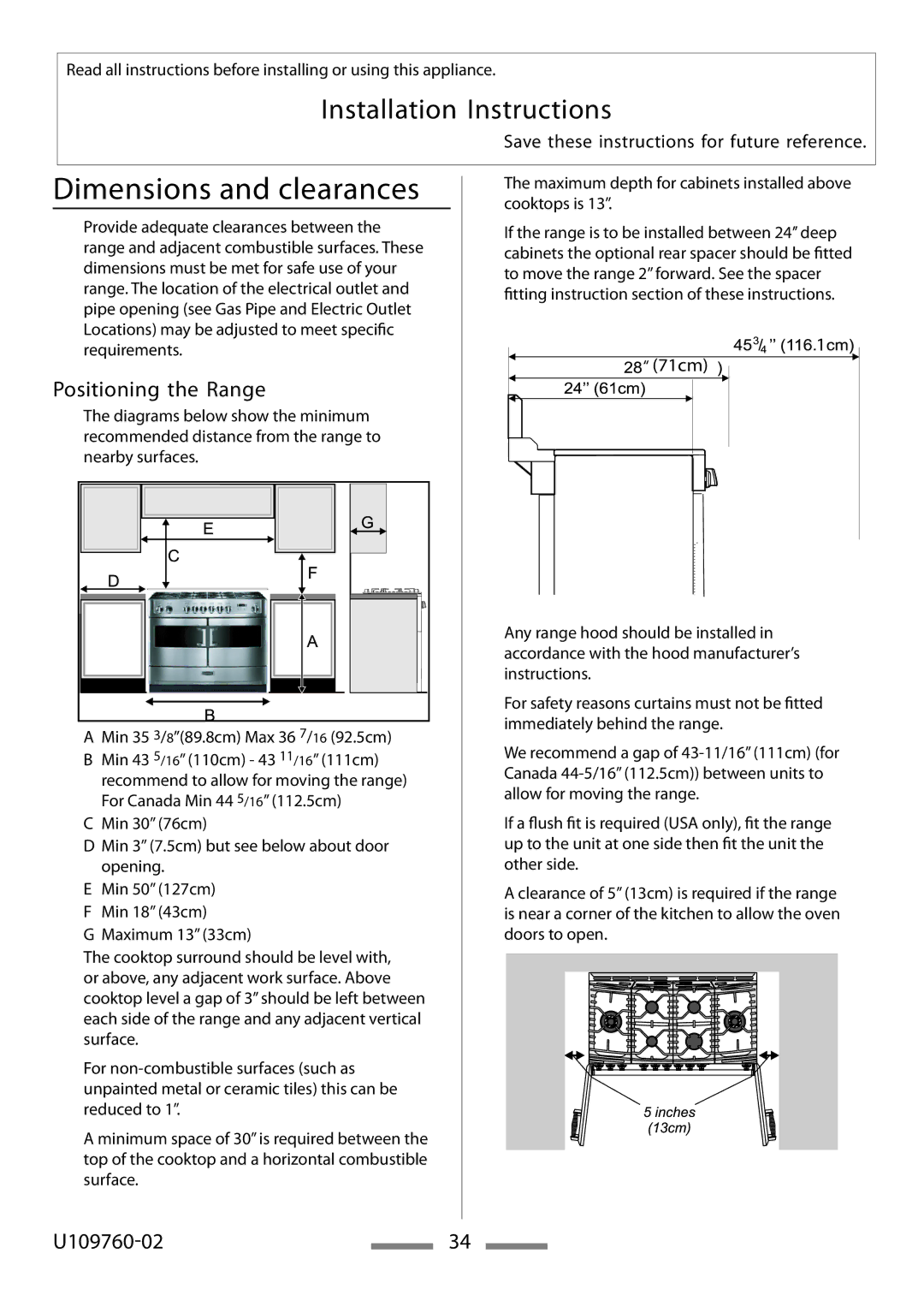 Heartland Bakeware U109760-02 installation instructions Dimensions and clearances, Positioning the Range 