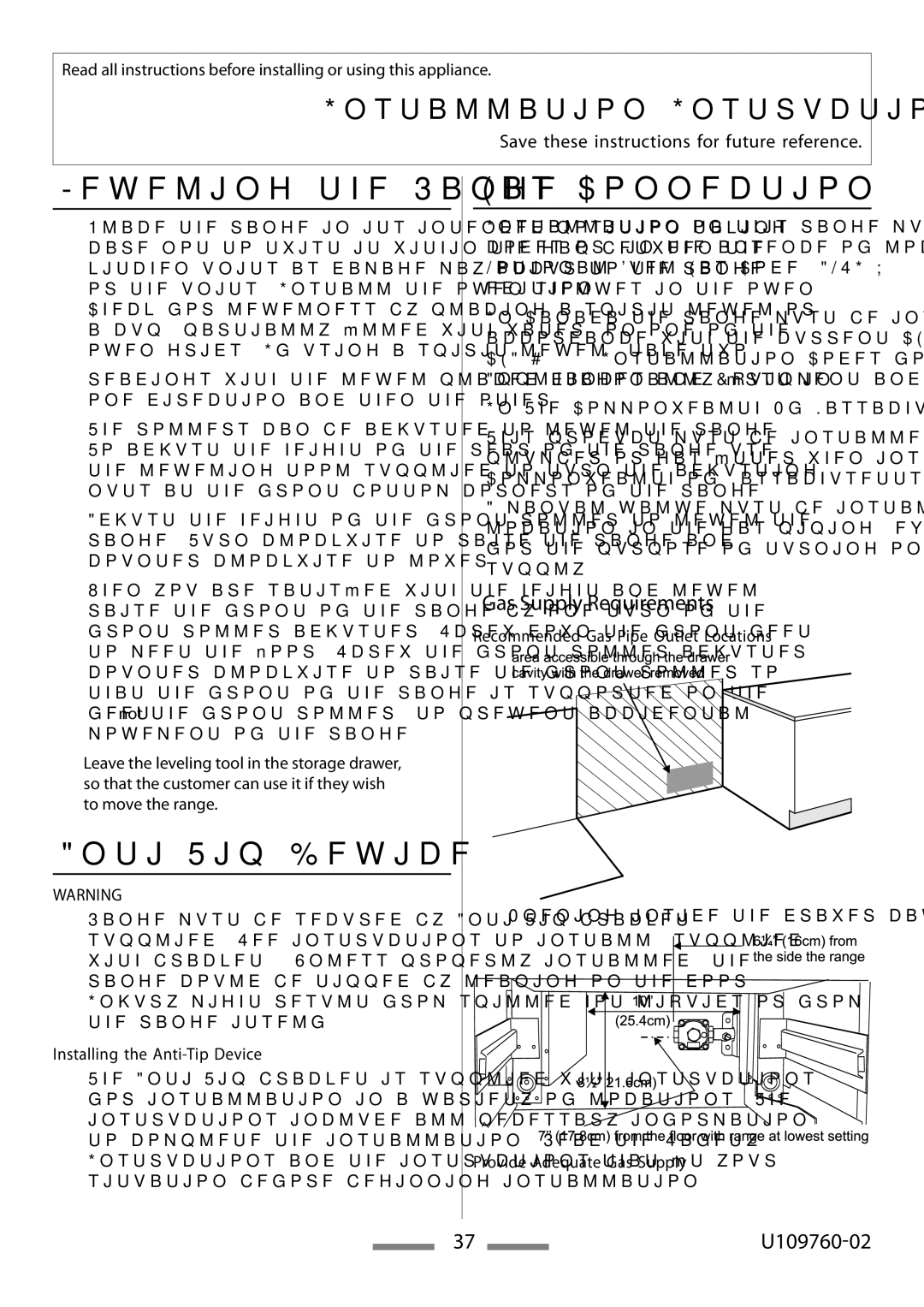 Heartland Bakeware U109760-02 Leveling the Range, Anti-Tip Device, Gas Connection, Gas Supply Requirements 